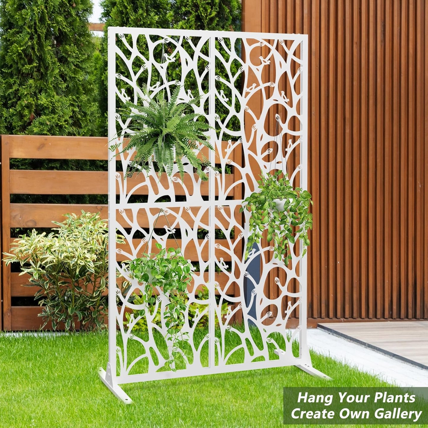 Metal Privacy Screen Outdoor W3.8Ft x H 6Ft Patio Privacy Panels Free Standing Divider Decorative 2 Pack for Balcony Garden Room Lawn Deck(2, White Bird)