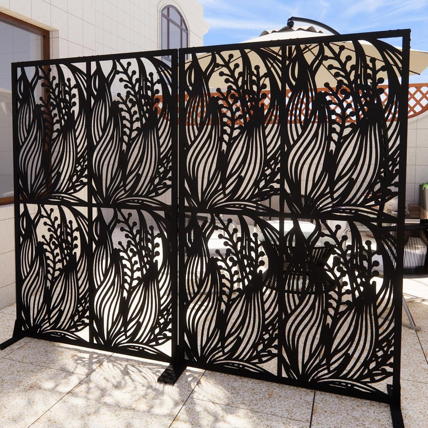 Metal Privacy Screen Outdoor W3.8Ft x H 6Ft Patio Privacy Panels Free Standing Divider Decorative 2 Pack for Balcony Garden Room Lawn Deck (2, Black Leaf)