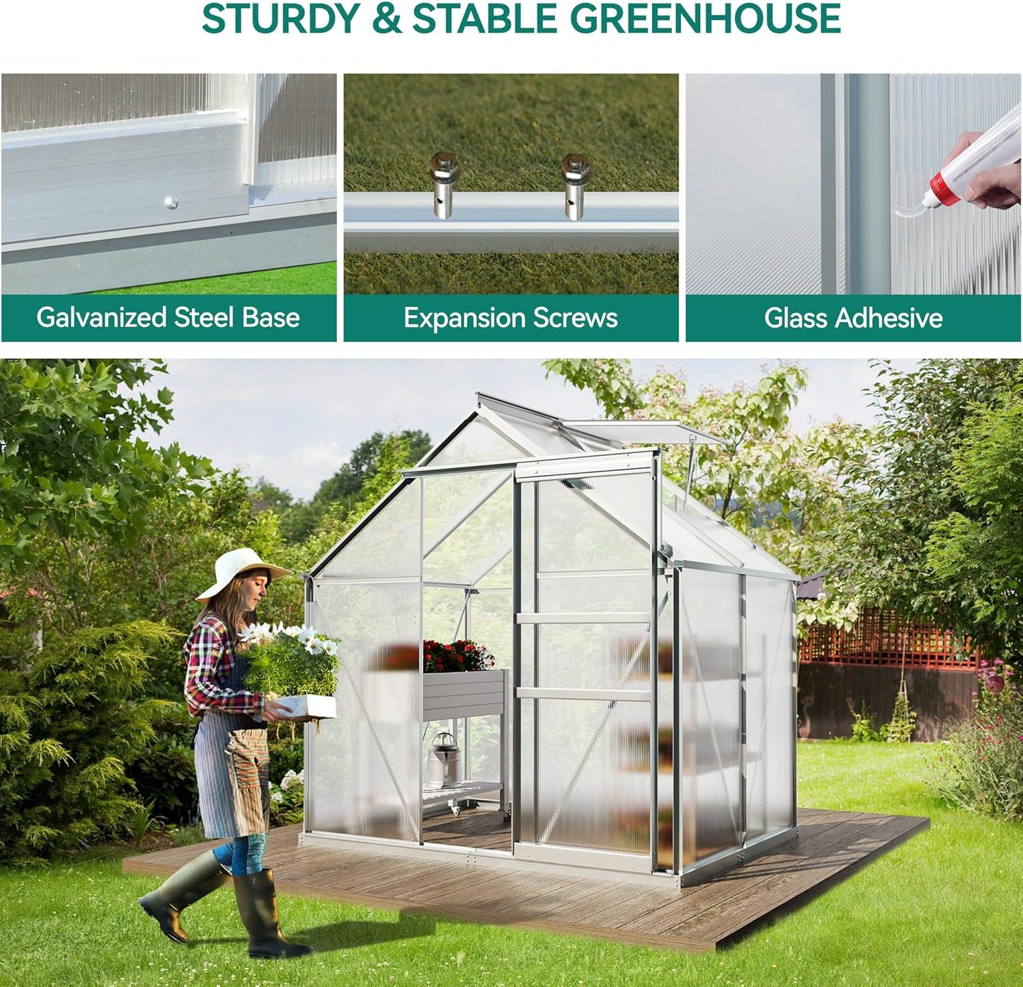 YITAHOME 6x4FT Polycarbonate Greenhouse Heavy Duty Green Houses Outdoor Aluminum Greenhouses with Sliding Doors Vent Window Walk-in Greenhouse Large Sun House for Garden Backyard, Sliver