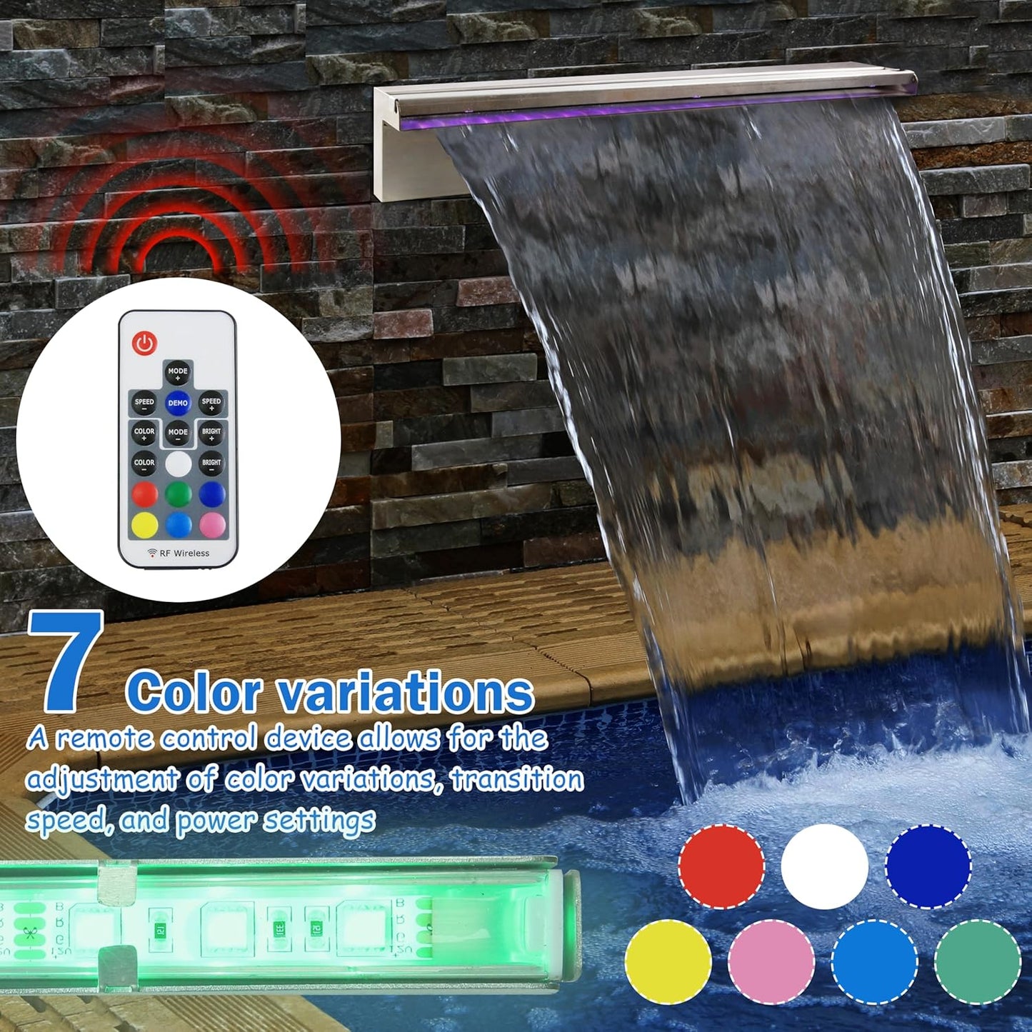 19.6 Inch Pool Waterfall Spillway, Stainless Steel Pond Waterfalls with Multi Color-LED Light Outdoor Pool Fountain, Water Flow Fountains Kit for Garden Patio & Rockery Decoration