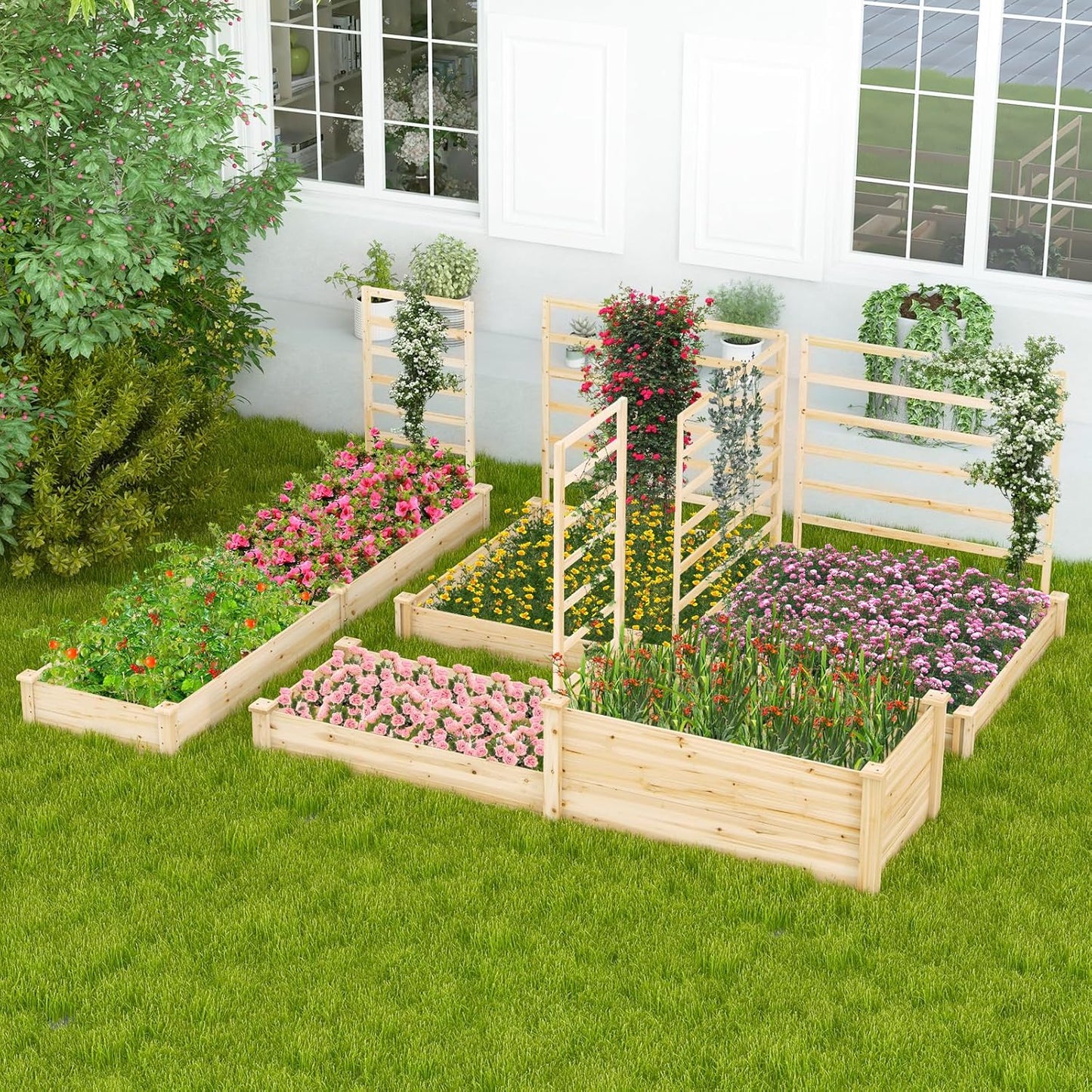 HAPPYGRILL Raised Garden Bed with 3 Trellises, Outdoor Wood Raised Bed w/ 2 Planter Boxes for Flowers, Vegetables, Fruits Climbing Vines, Elevated Garden Box for Yard Patio, 88" L x 45" W x 43" H