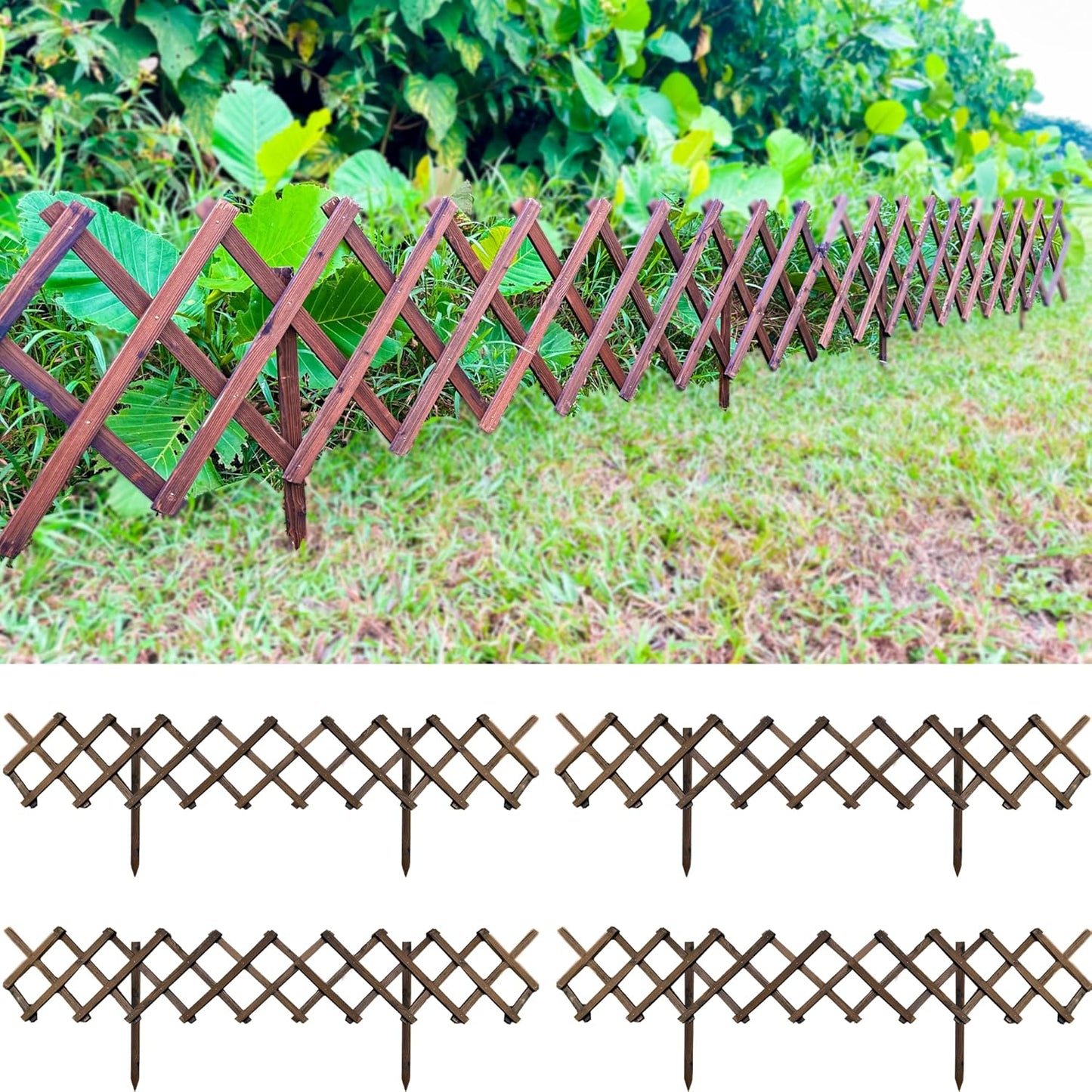 ShopLaLa Garden Fence- 4 Pack, Total 24ft (L) Wooden Lattice Flower Edging for Yard Lawn Landscape Patio Outdoor Decor, Expandable Plant Garden Trellis, Animal Barrier Fence No Dig Panel for Small Dog
