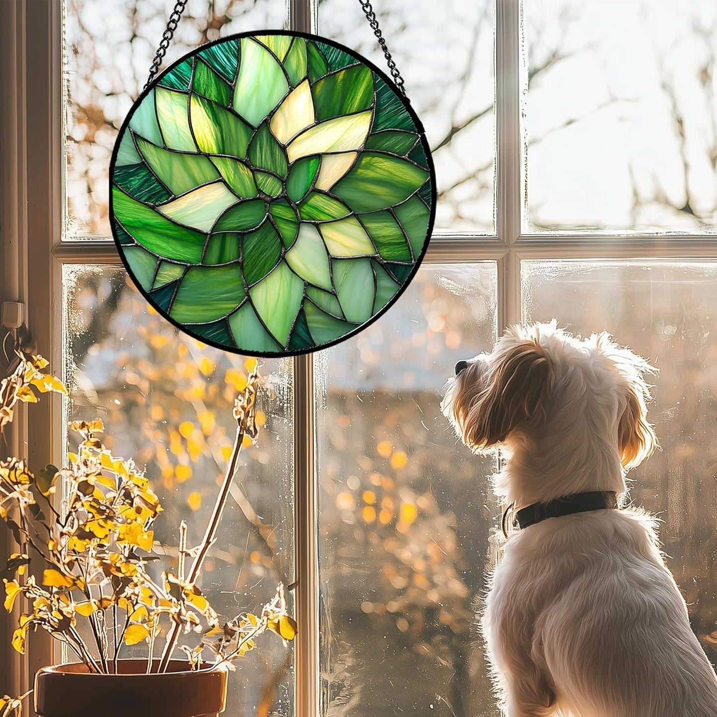 Stained Glass Window Hanging - Green Plants Suncatcher for Doors Garden Patio Flowers Sun Catchers Decor Christmas Mother's Day Birthday Gifts for Women Men Mom Nana Friend 9.8 in