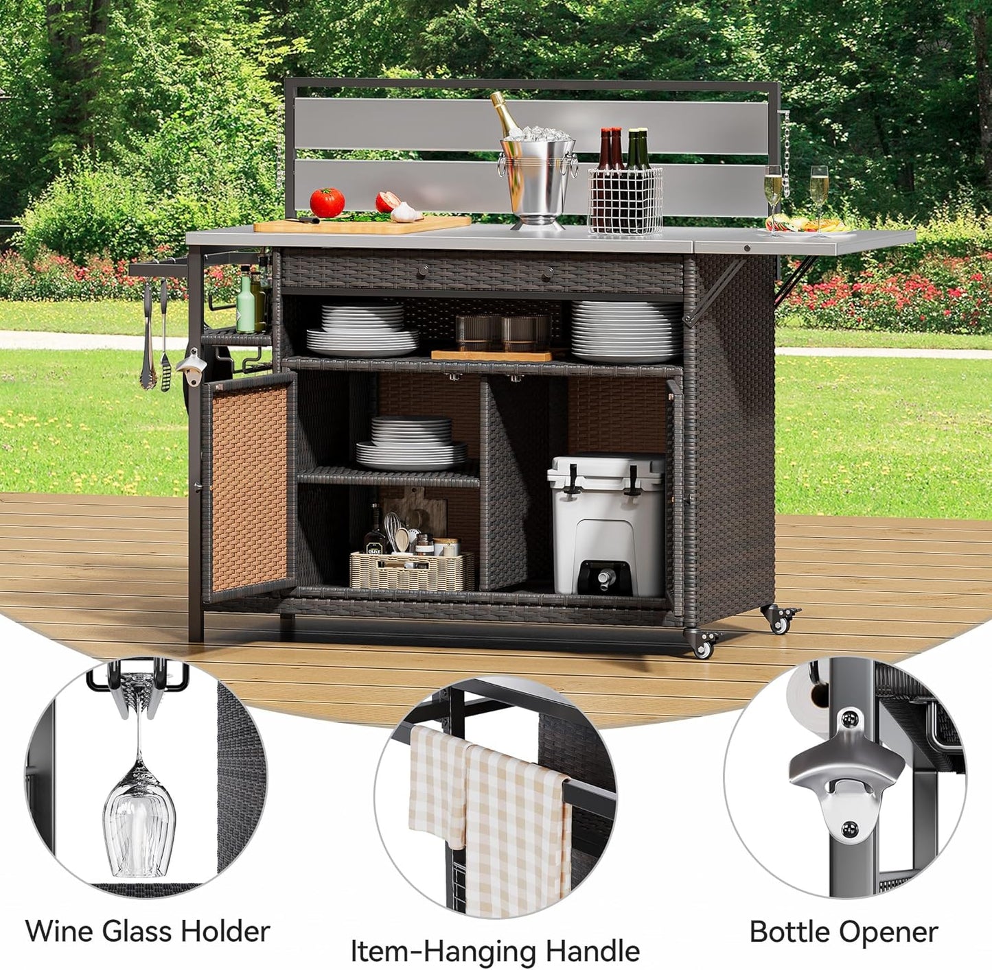 YITAHOME XL Outdoor Kitchen Island, Outdoor Bar Table & Storage Cabinet, Wheels and Stainless Steel Extended Table Top, Side Handle for Patio Kitchen or Bar Cart, Dark Brown