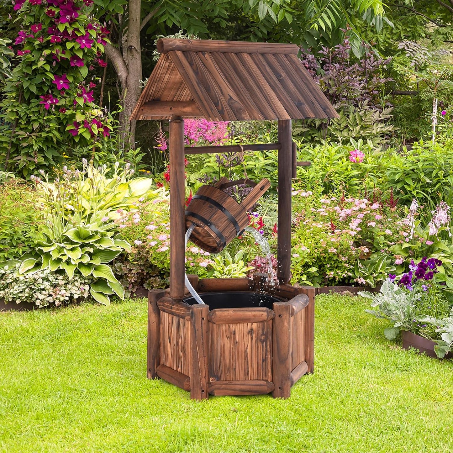 Tangkula Outdoor Wishing Well Water Fountain, Old-Fashioned Wood Waterfall Fountain w/Bucket Pump, Rustic Farmhouse Decoration for Garden, Backyard, 46 Inch Tall (20" x 23" x 46")
