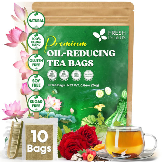 FreshDrinkUS, Oil-Reducing Herbal Tea – 10 Tea Bags | Blend of Winter Melon, Lotus Leaf, Ginger, Hawthorn, Gardenia Fruit, Rose, Cassia Seed & More | Naturally Caffeine-Free | Delicious Hot or Iced