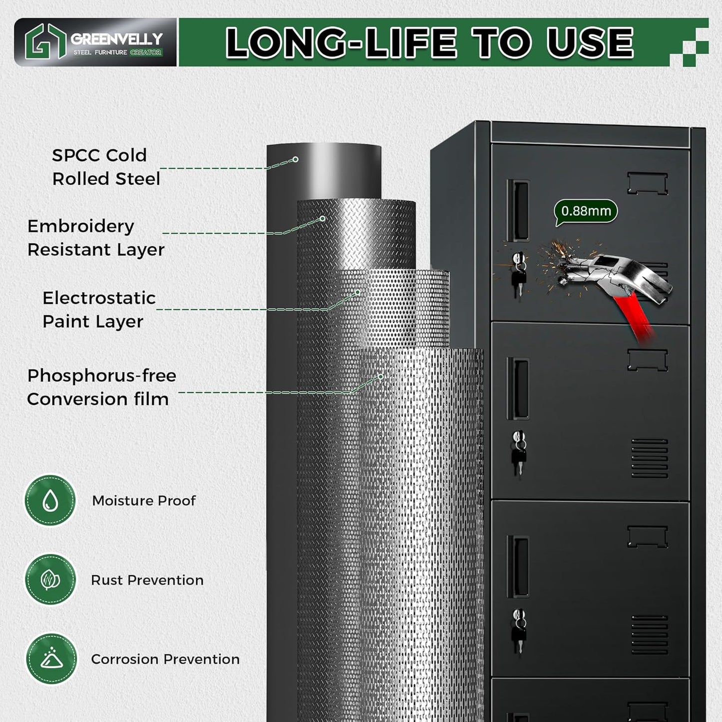 Greenvelly Metal Locker, 72" Metal Lockers for Employees with Locking Doors, Lockable Steel Locker Storage for Office, School, Gym, Home (Black)