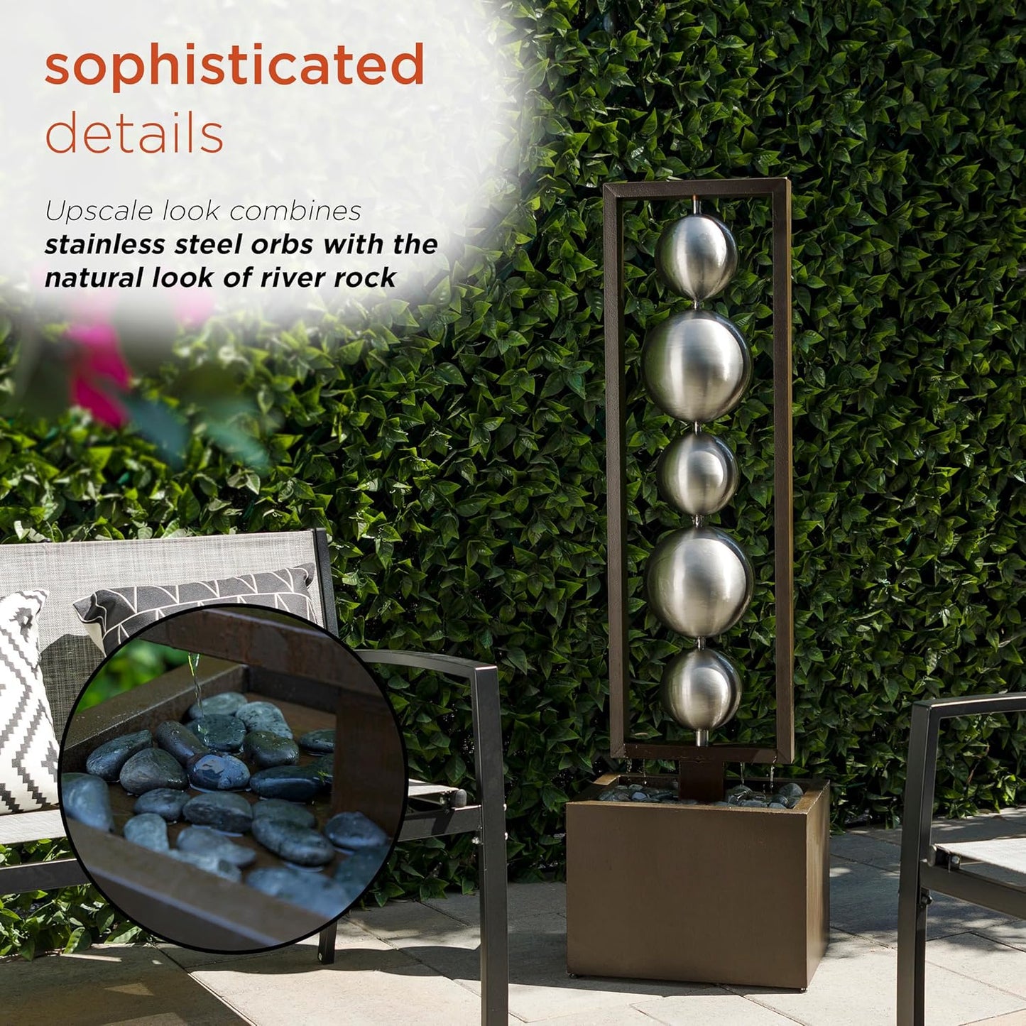 Alpine Corporation Outdoor 55" Modern Stainless Steel Geometric Orbs Water Fountain, Soothing Water Feature for Patios, Gardens, and Outdoor Decor, Brown