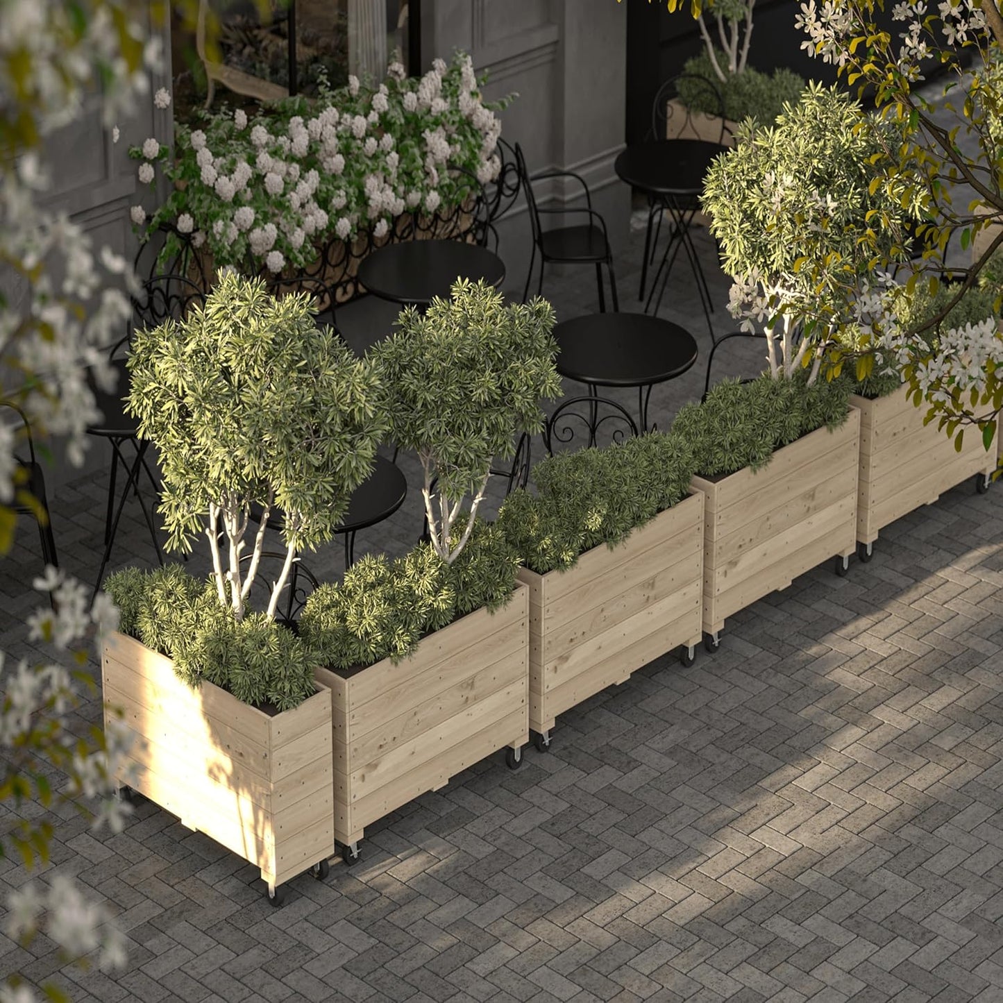 Generic 40x32x12in Indoor/Outdoor Mobile Wood Planter w/Lockable Wheels, Rolling Wood Planter Box Residential/Commercial