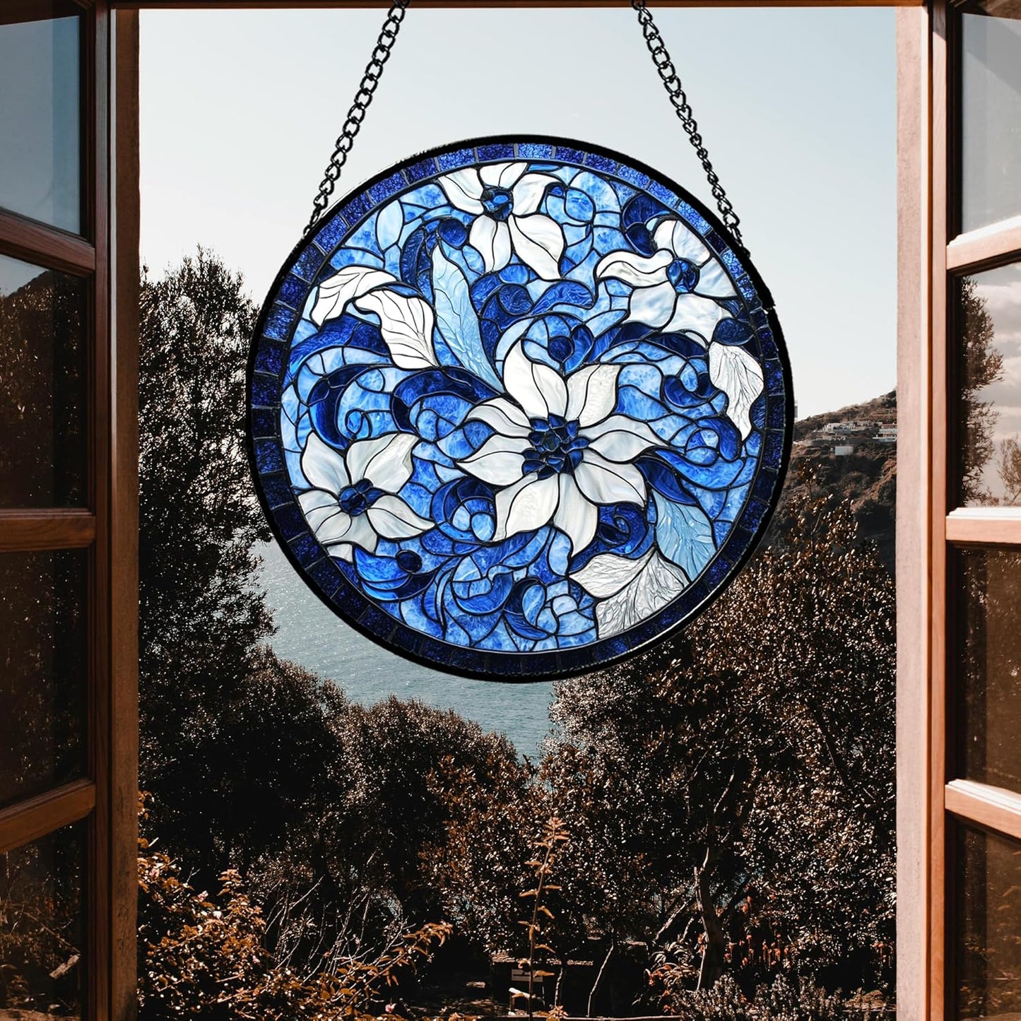 Stained Glass Window Hanging - Blue White Flowers Suncatcher for Doors Garden Patio Boho Style Sun Catchers Decor Christmas Mother's Day Birthday Gifts for Women Men Mom Nana Friend 15 in