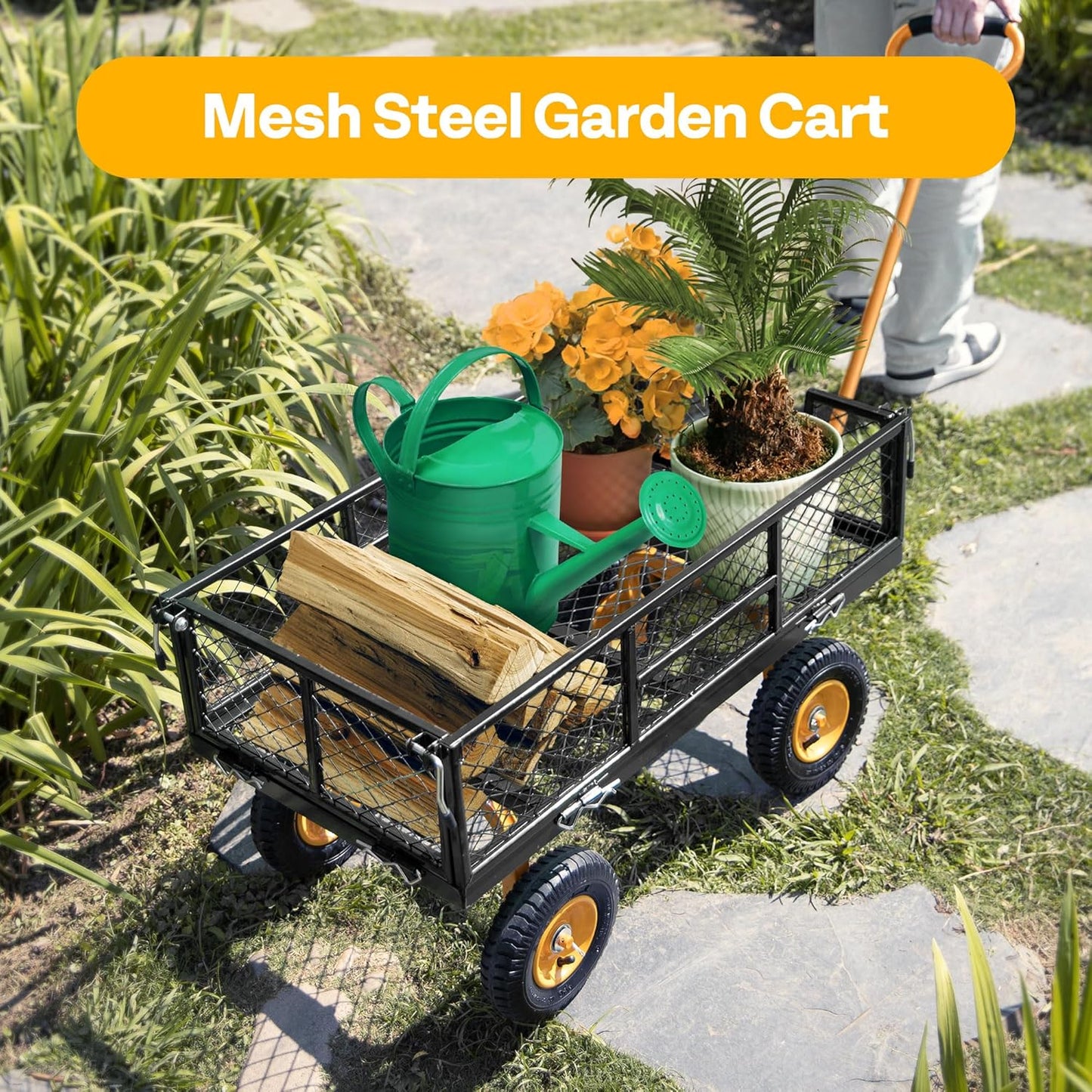 VIVOHOME Heavy Duty 550 Lbs Capacity Mesh Steel Garden Cart Folding Utility Wagon with Removable Sides (Black)