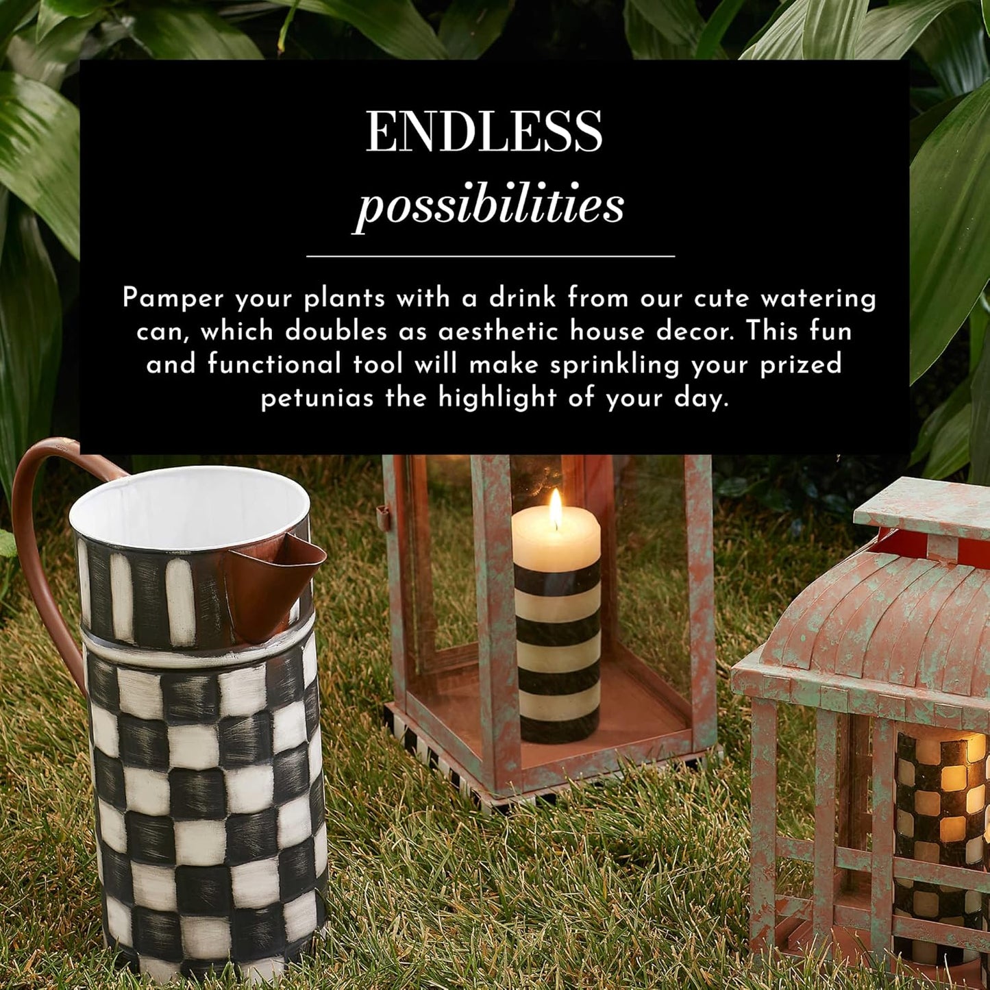 MACKENZIE-CHILDS Watering Can, Outdoor Galvanized Watering Can, Black-and-White Check It Out