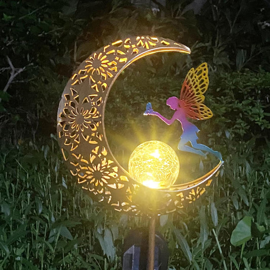 Solar Garden Lights Outdoor Decor, Moon Fairy Crackle Glass Lights, Waterproof LED Landscape Lighting Metal Stake Ornament, for Walkway Yard, Patio, Lawn Pathway Decorations