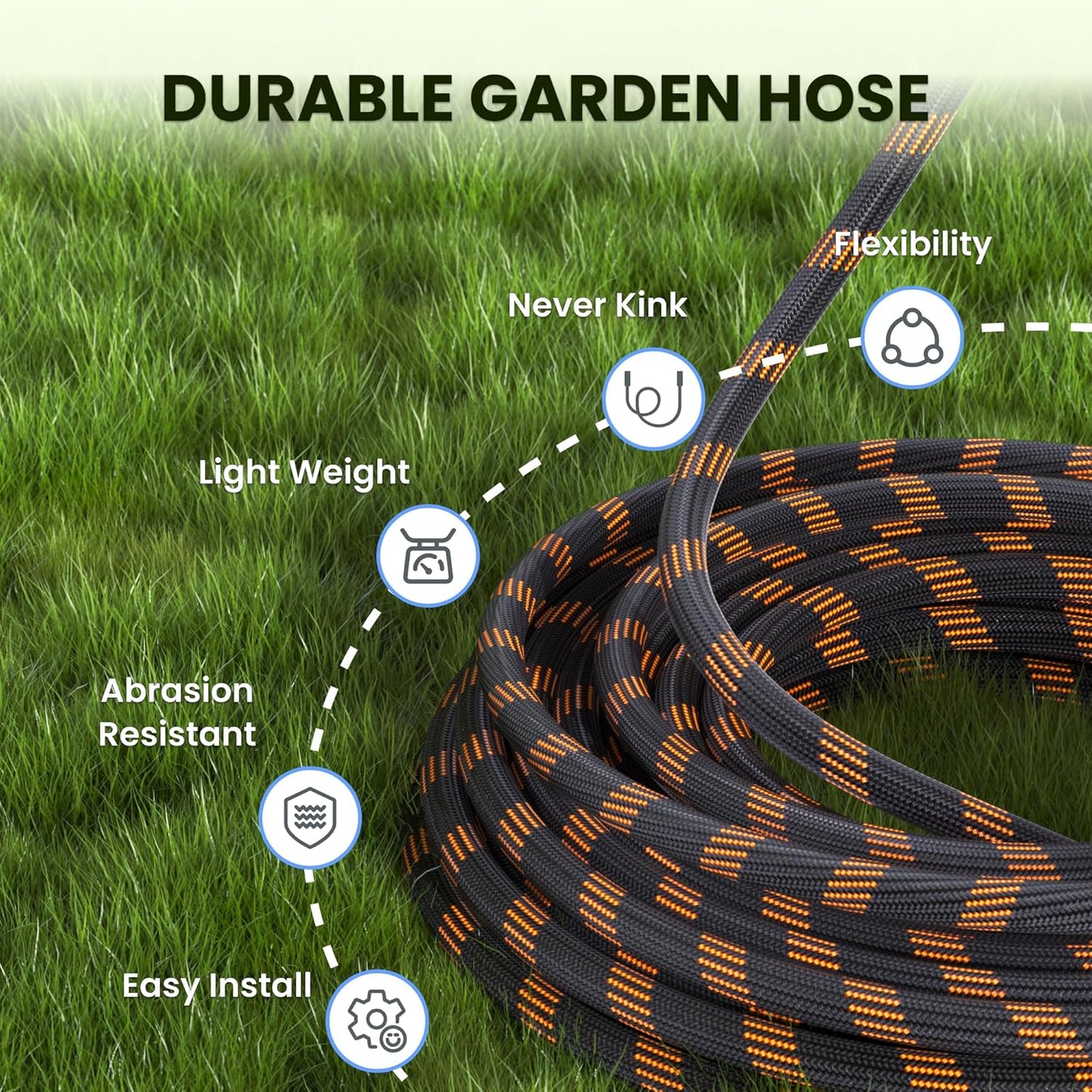 Giraffe Tools Garden Hose 50FT 1/2” Non-Expandable Lightweight Flexible Water Hoses Burst 600 psi with 9 Spray Function Nozzle Heavy Duty Hose