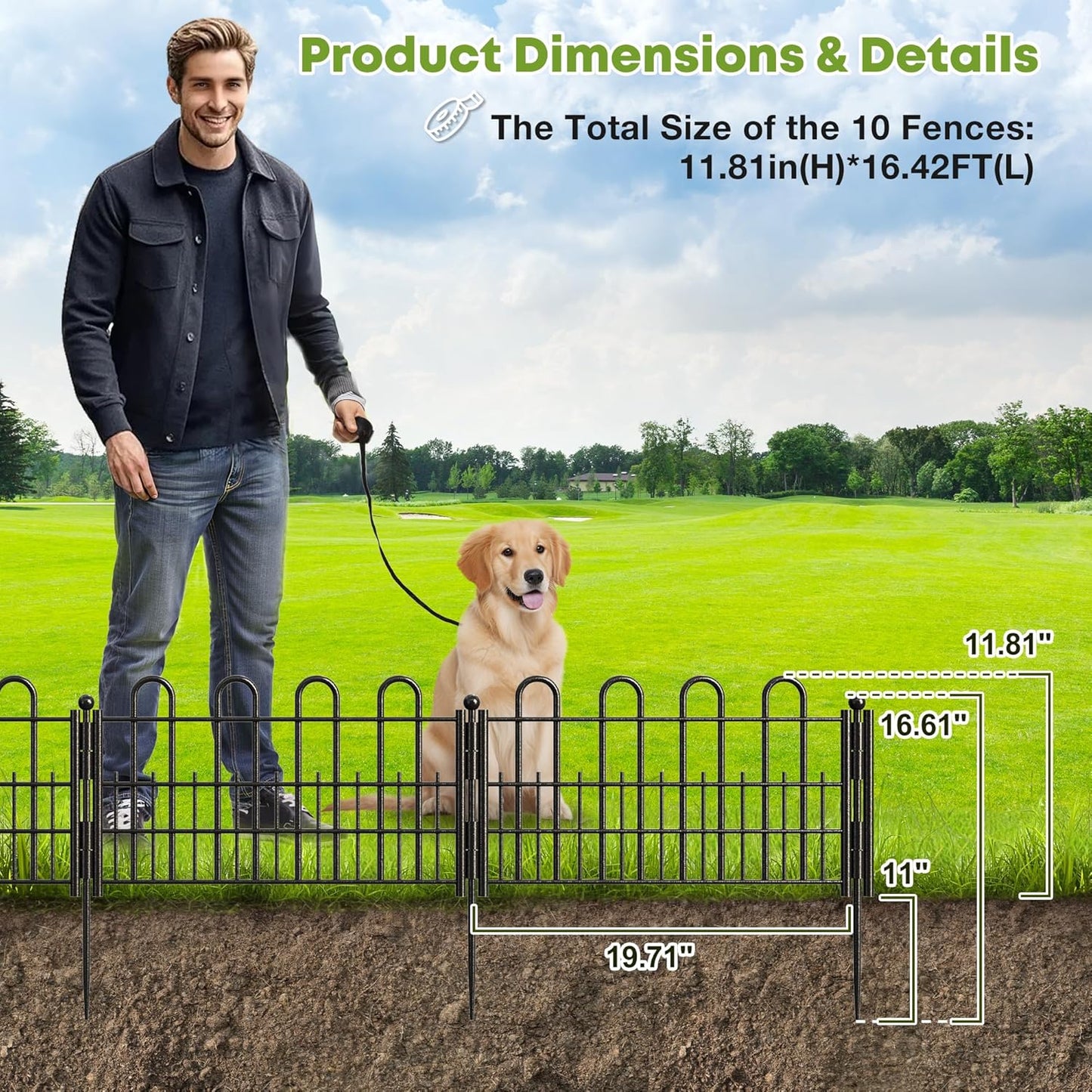 10 Panels Garden Fence with Latch Gate, 11.81in (H) X 16.42ft(L) Animal Barrier Fence with 1in Gaps for Rabits, Dog Fencing Outdoor for Yard, Flower Beds, Patios, Vegetable Patches