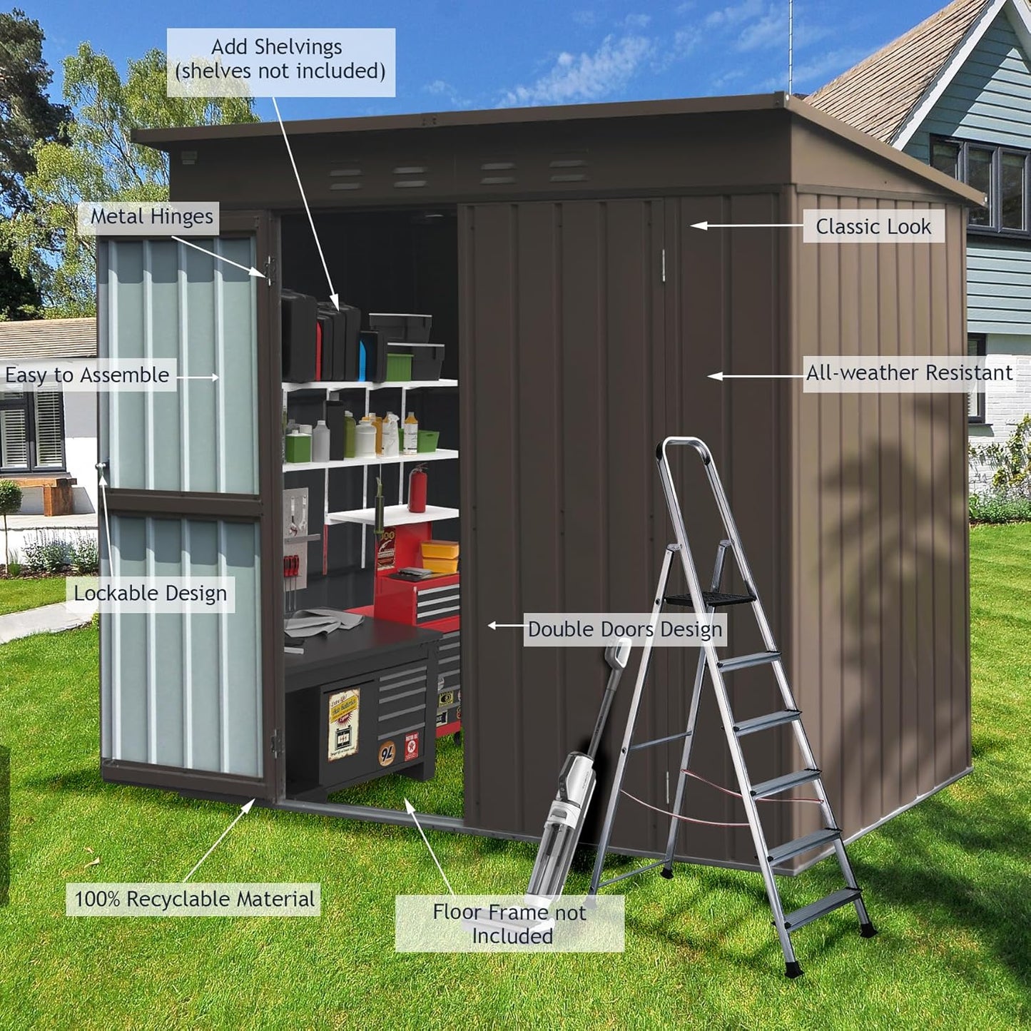 Domi Outdoor Storage Shed 6' x 4.5’, Metal Garden Shed with Galvanized Steel Frame for Bike, Tools, Lawn Mowers, Pool Toys, Outdoor Storage Cabinet with Lockable Door for Garden Lawn Patio (Brown)
