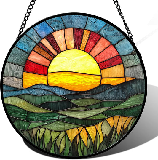 Stained Glass Window Hanging, Golden Red Sun Green Mountain Suncatcher for Window Home Decor Nature Landscape Sun Catcher Mother's Day Birthday Gifts for Women Men Mom Nana 9.8 in