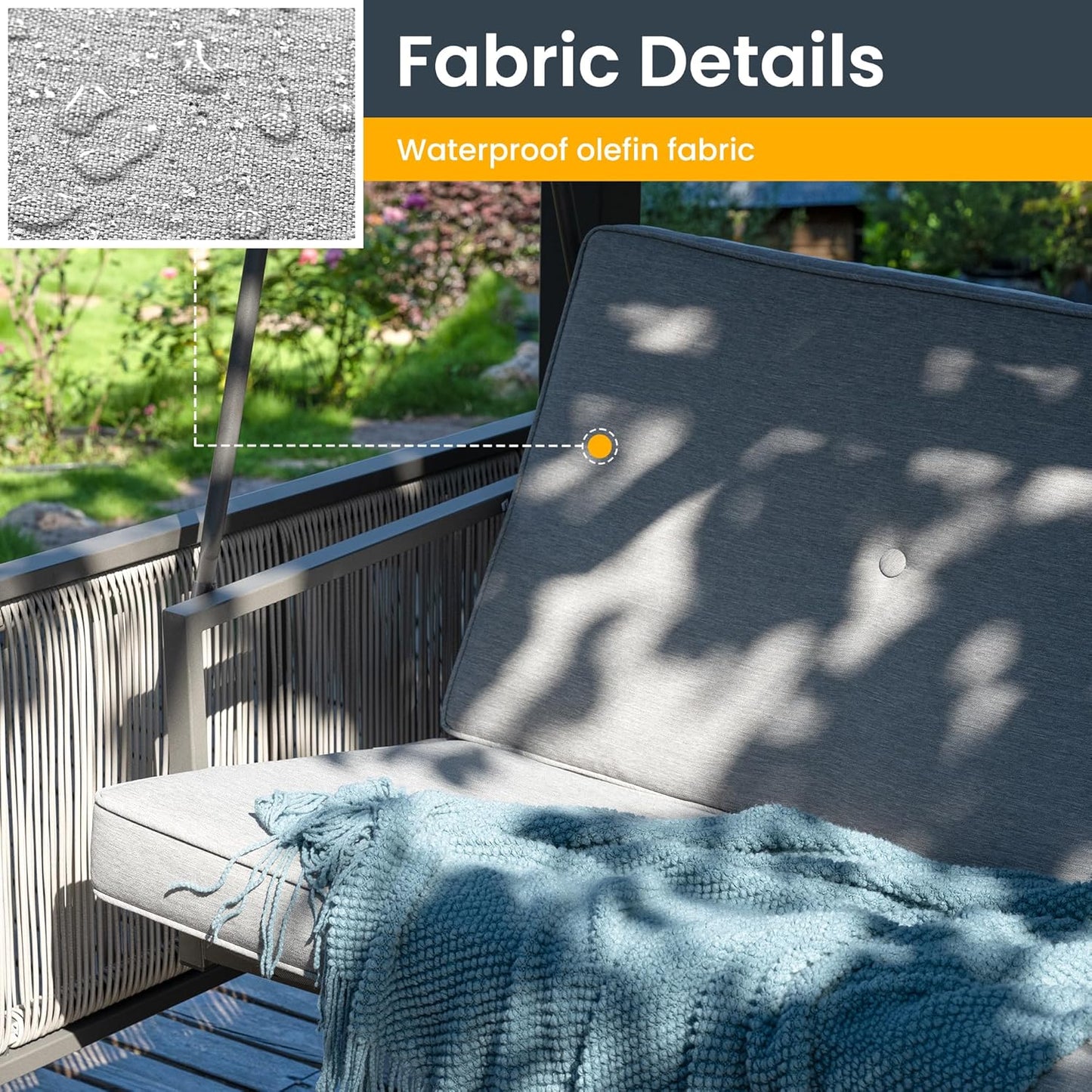 Pamapic 3-Seat Porch Swing Bed with Adjustable Canopy, Outdoor Hanging Swing Chair with Stand, Wicker Armrests, Patio Hammock Swinging for Porch, Backyard, or Garden, Comfortable Cushion, Gray