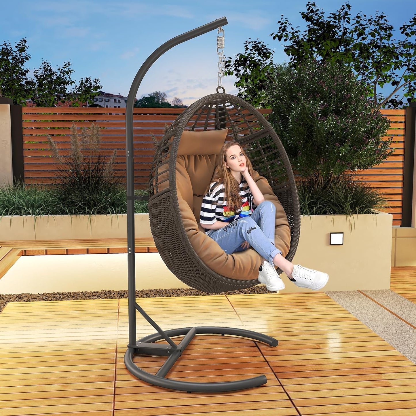TWT Egg Swing Chair with Stand Rattan Wicker Hanging Egg Chair for Indoor Outdoor Bedroom Backyard Hammock Egg Chair with Metal Frame and UV Resistant Cushion 330lbs Capacity-Dark Brown