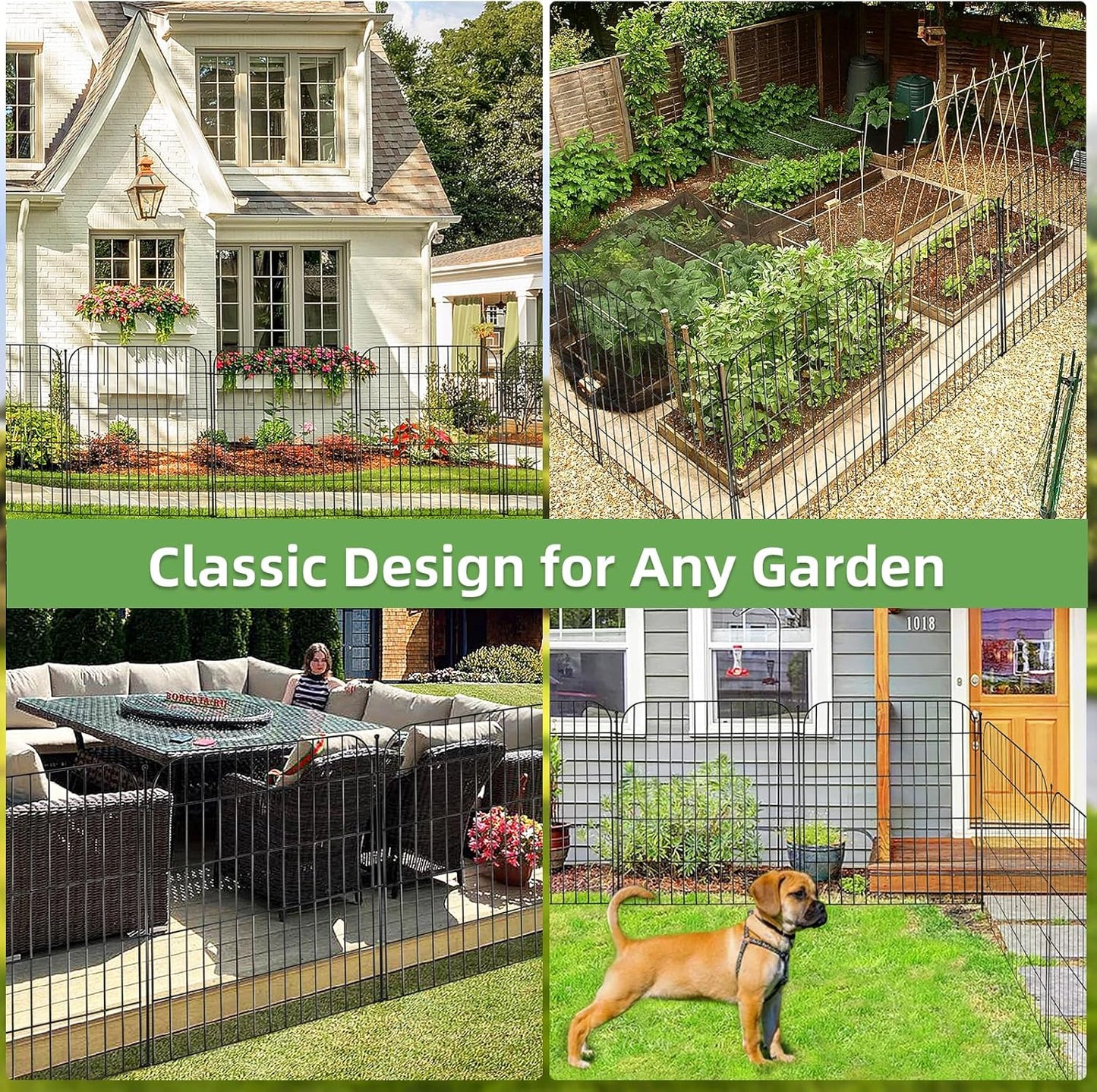 5 Panels No Dig Decorative Garden Fence with Gate, Total 11.8 ft(L) x 32 in(H) Animal Barrier Border for Dog, Rustproof Metal Wire Panel Border for Yard, Temporary Tall Fencing with Ground Stakes