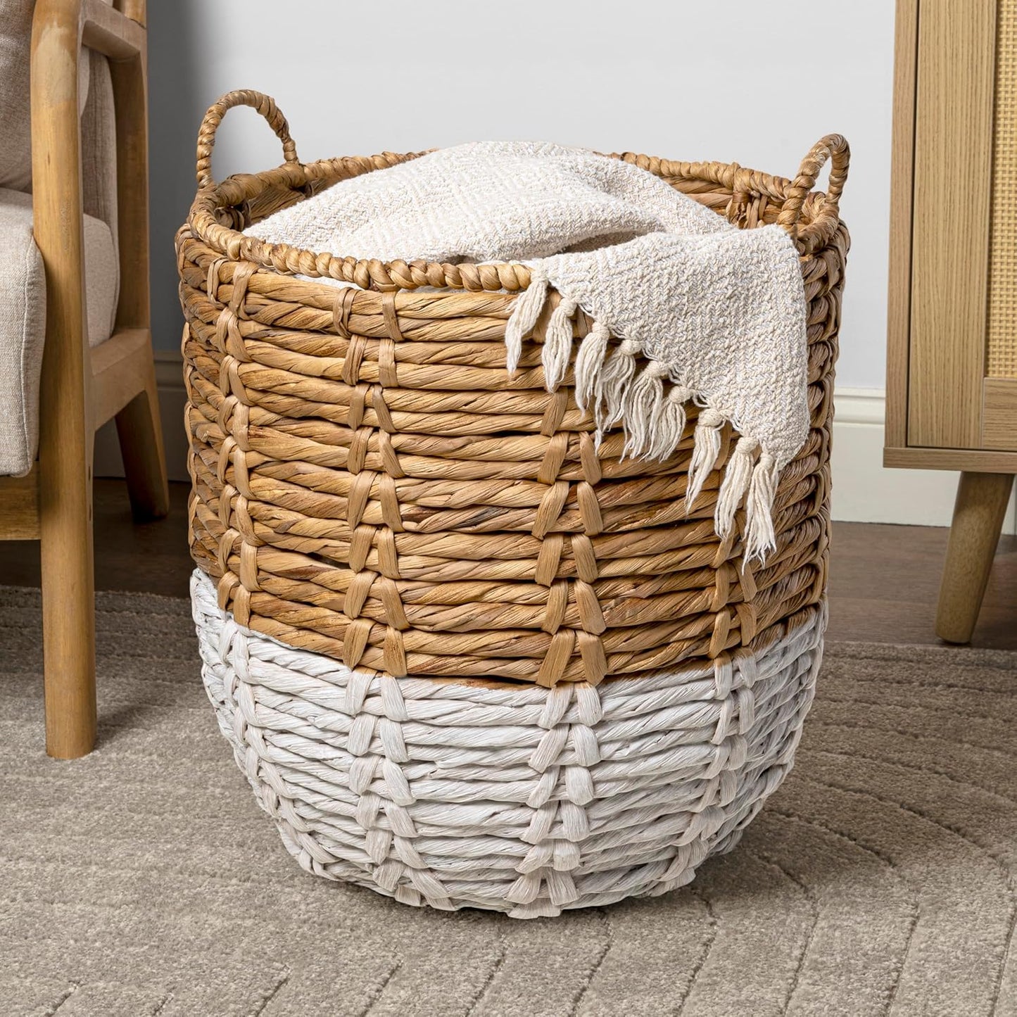 happimess BSK1003E Laurel 19.49" Bohemian Handwoven Abaca Hamper Basket with Handles, Seagrass Container for Decoration in Bedroom, Living Room, Laundry Room, Entryway, Natural, Natural/White