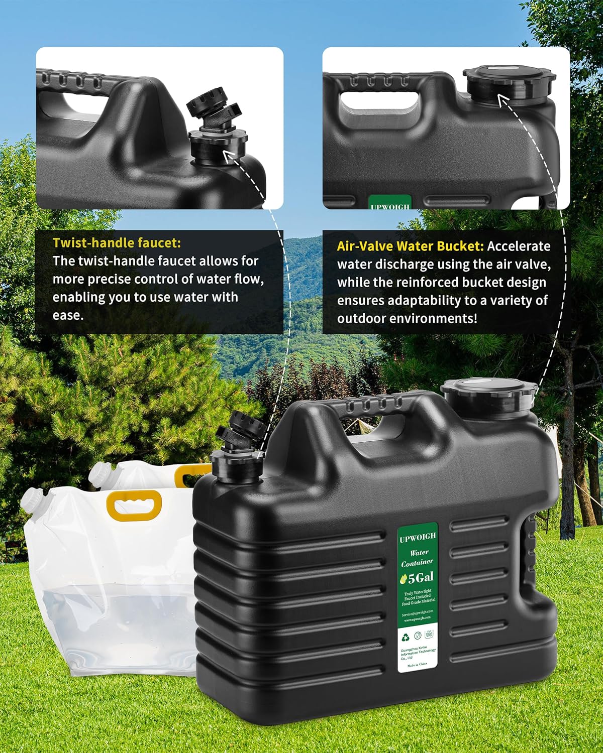 5 Gallon Water Jug(16x13.2x7in)and 2.6Gal Collapsible Water Bag Set of 2,BPA Free Water Tank Overlanding Gear Containers, Camping Essential Leak-Proof Black Portable Water Storage, Outdoors Hiking RV