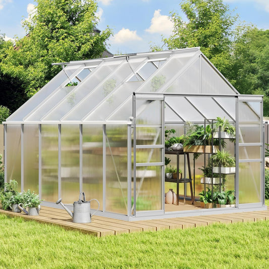 YITAHOME 8x12FT Polycarbonate Greenhouse Large Heavy Duty Green Houses Outdoor Aluminum Greenhouses with Sliding Doors Vent Window Premium Walk-in Greenhouse for Garden Backyard, Sliver