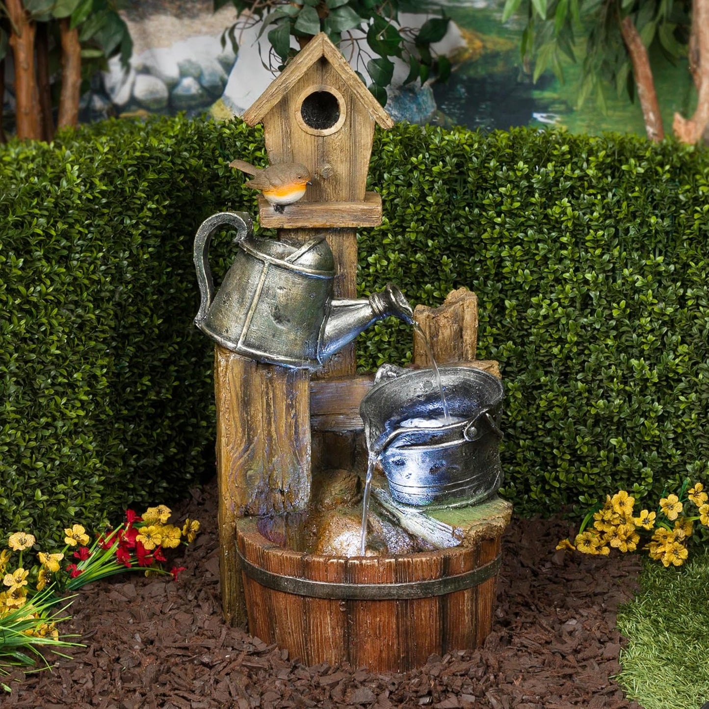 Alpine Corporation TZL280 Watering Can Barrel Birdhouse Fountain w/White LED Lights, Stylish Décor for Garden & Patio, 32" H