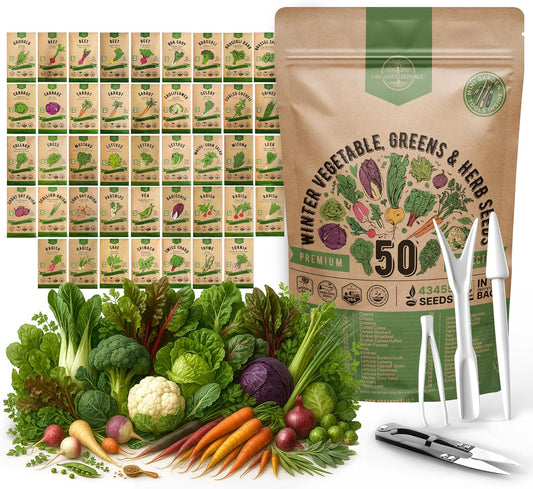 50 Winter Vegetable Garden Seeds Variety Pack - 43,450+ Non-GMO Heirloom Seeds for Outdoors & Indoor Home Gardening, Including Kohlrabi, Lettuce, Radish, Onion, Choy, Spinach, Cauliflower, Collards