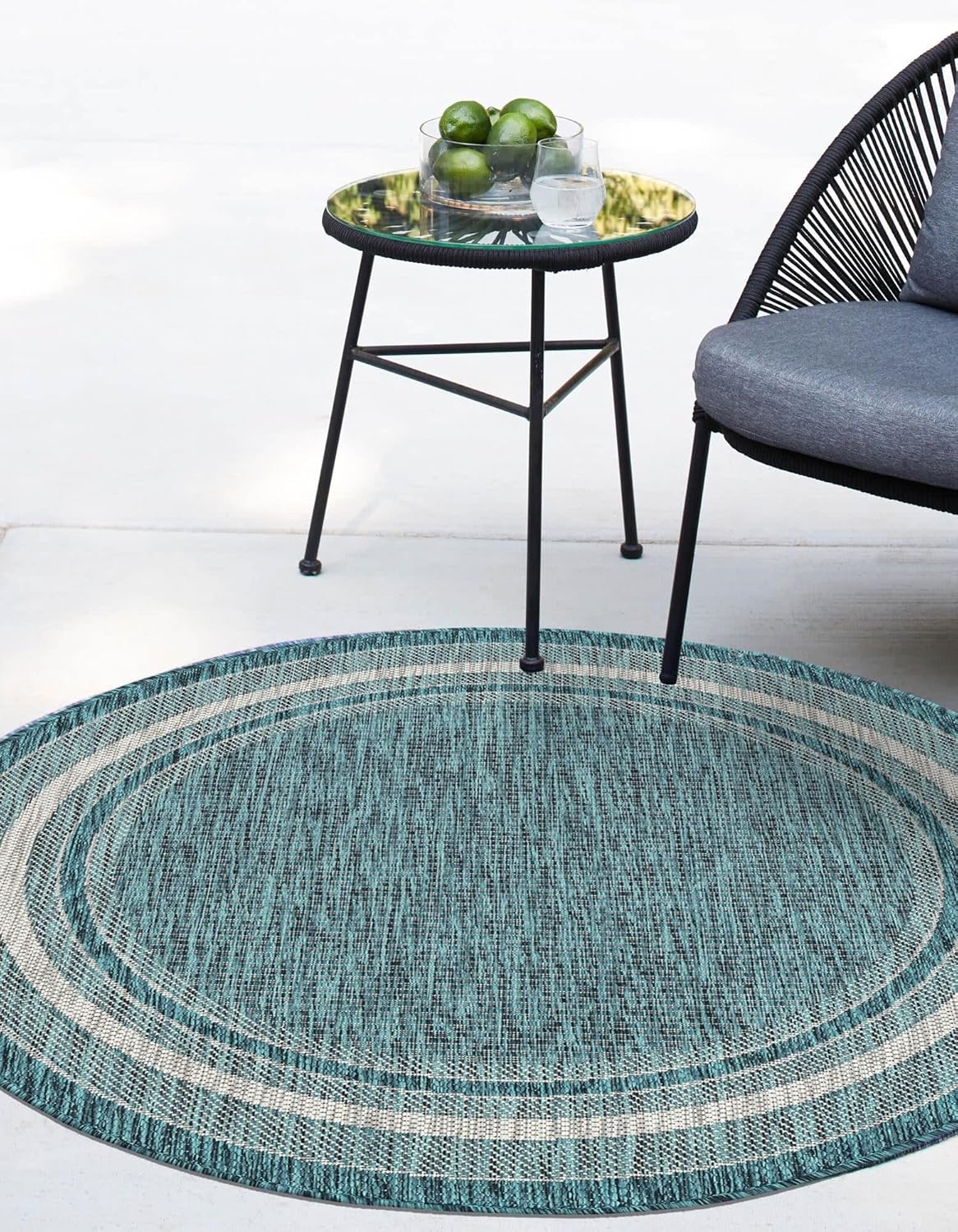 Unique Loom Outdoor Border Collection Area Rug - Soft Border (4' Round Teal/Ivory)