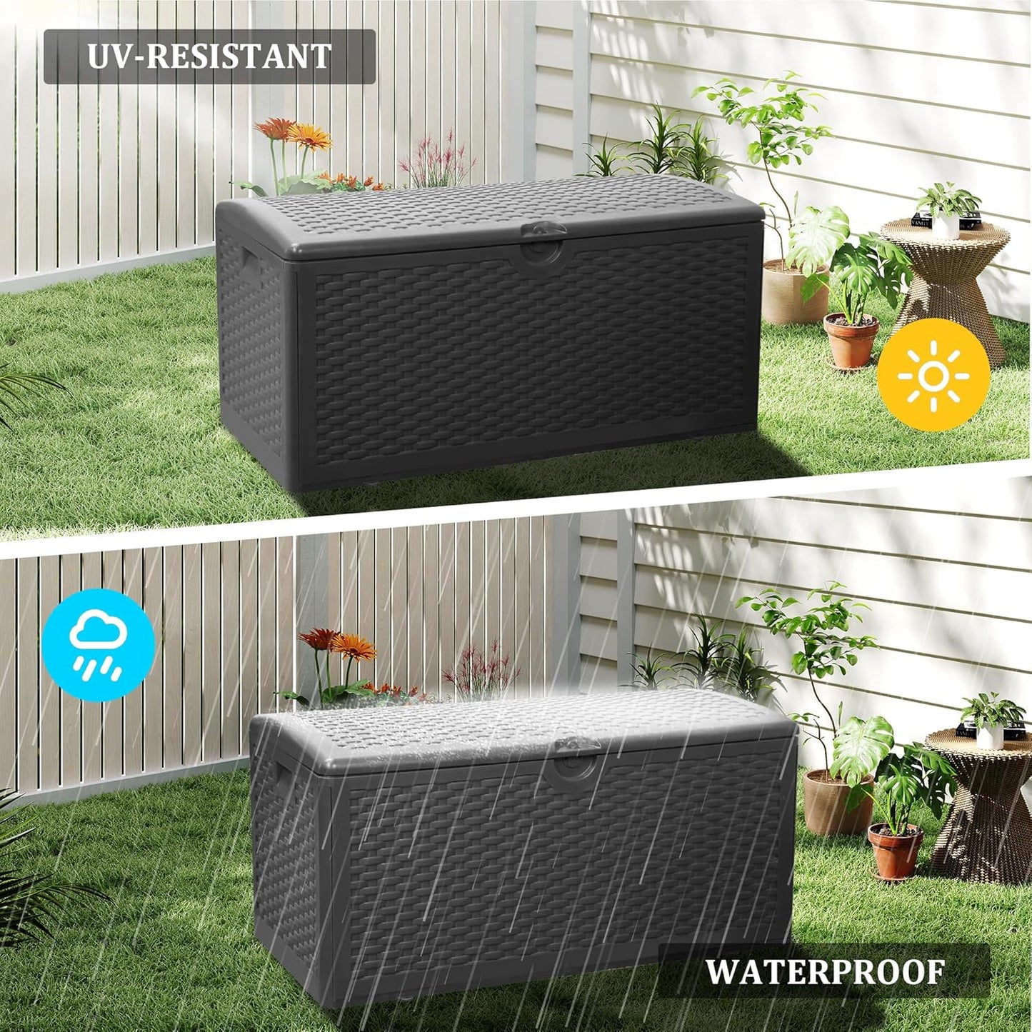 80 Plus Gallon Resin Deck Box, Waterproof Outdoor Storage Bin for Patio, Poolside, and Garden, Lockable & UV-Resistant, Ideal for Small Spaces, Black