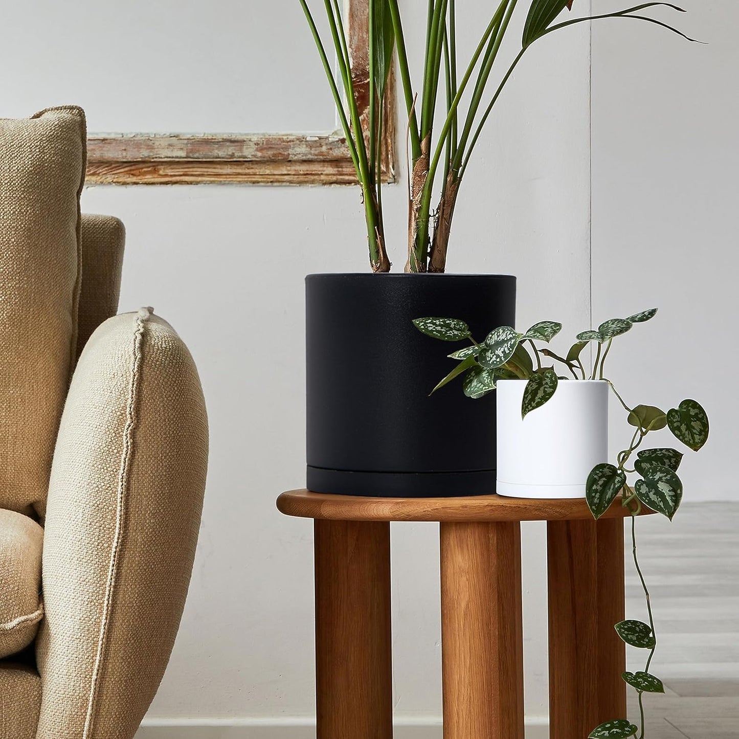 D'vine Dev 6 Pack 5 Inch Modern Plastic Plant Pots, Small Garden Planters for Plant with Drainage Holes and Saucers, White Color, 74-Z-G-3