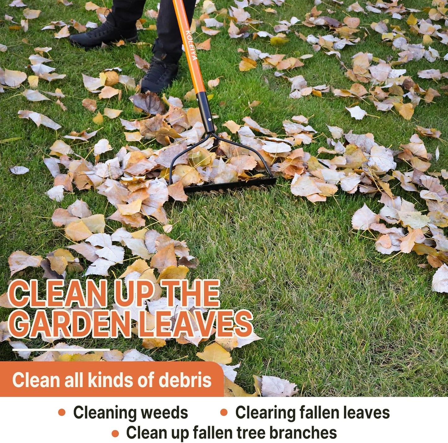 Garden Rake Heavy Duty with Orange Fiberglass Handle - 14-Tooth Metal Yard Hard Rake for Gardening, Farming, and Yard Work ,57 Inch