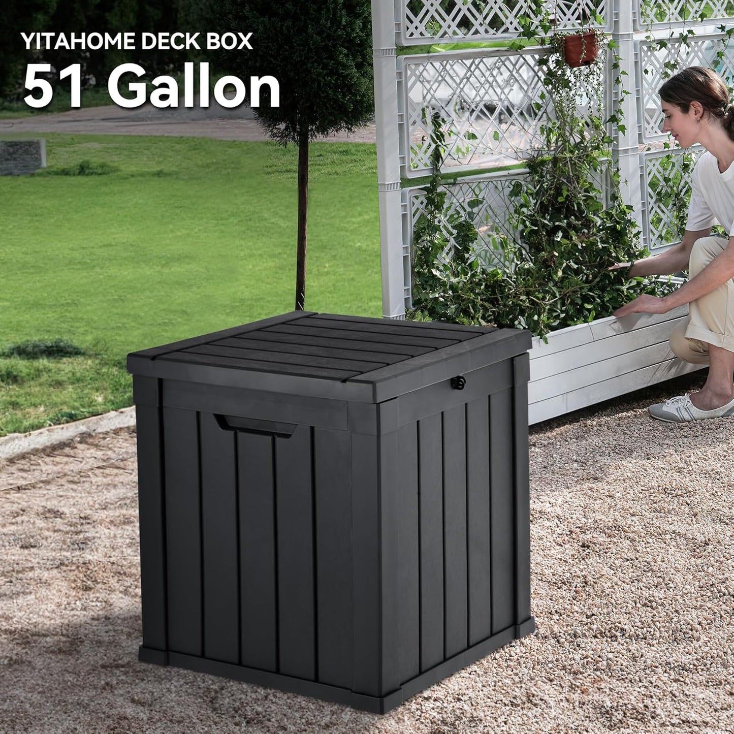 YITAHOME Deck Box, 51 Gallon Weatherproof Outdoor Storage Container for Patio Cushions, Pool Supplies, Garden Tools, Lockable Lid and Side Handles, Black