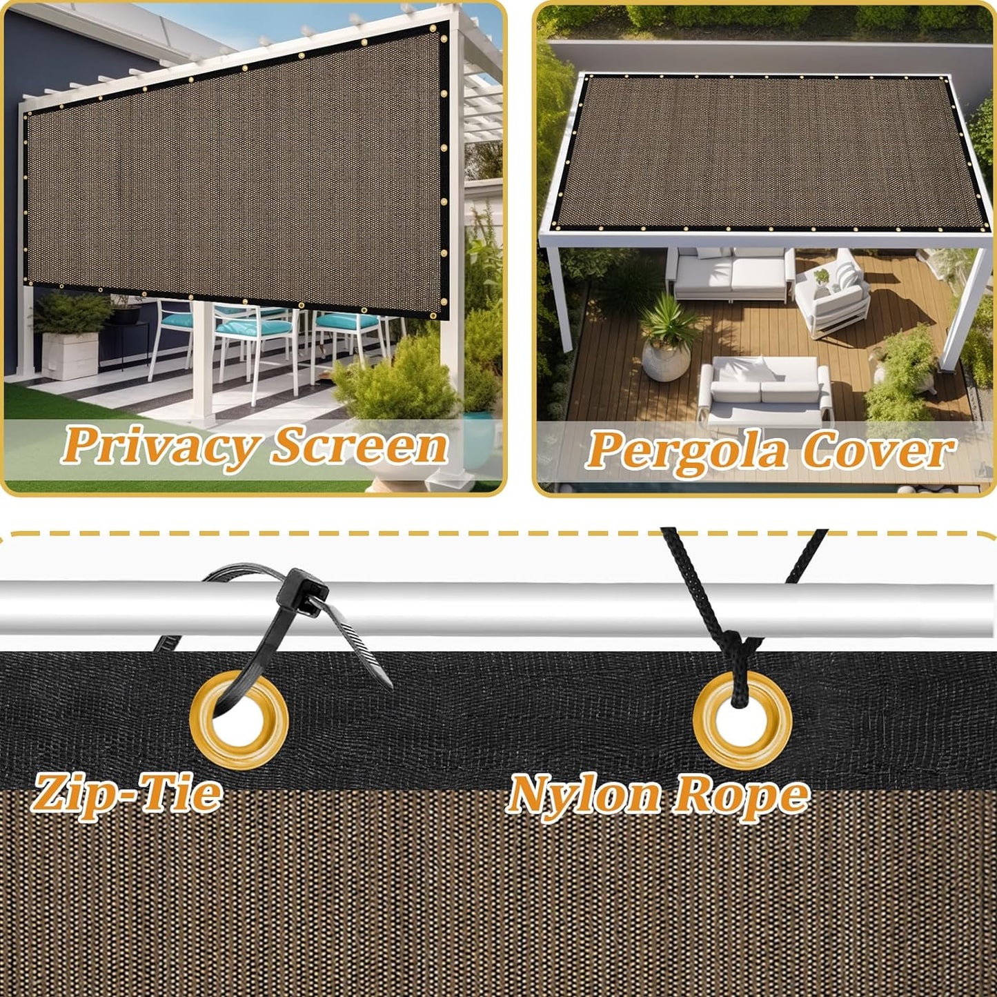 Shade&Beyond Customized Size 5' X 15' Shade Cloth with Grommets, 90% UV Protection UV Protection Mesh Tarp Sun Screens for Patio GN01, Mocha