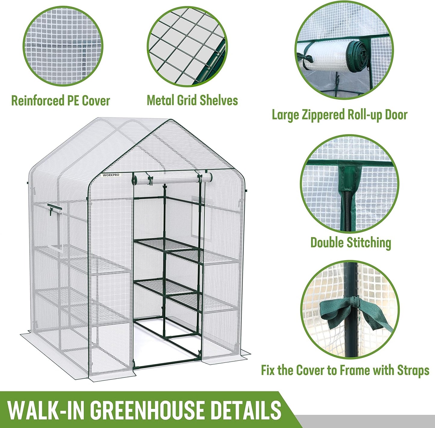 WORKPRO Greenhouse, 56” x 56” x 77” Heavy Duty Walk in Greenhouses for Outdoors with Screen Windows, Thicken PE Cover, 3 Tier 8 Shelves Portable Green House Kit for Patio, Backyard and Porch