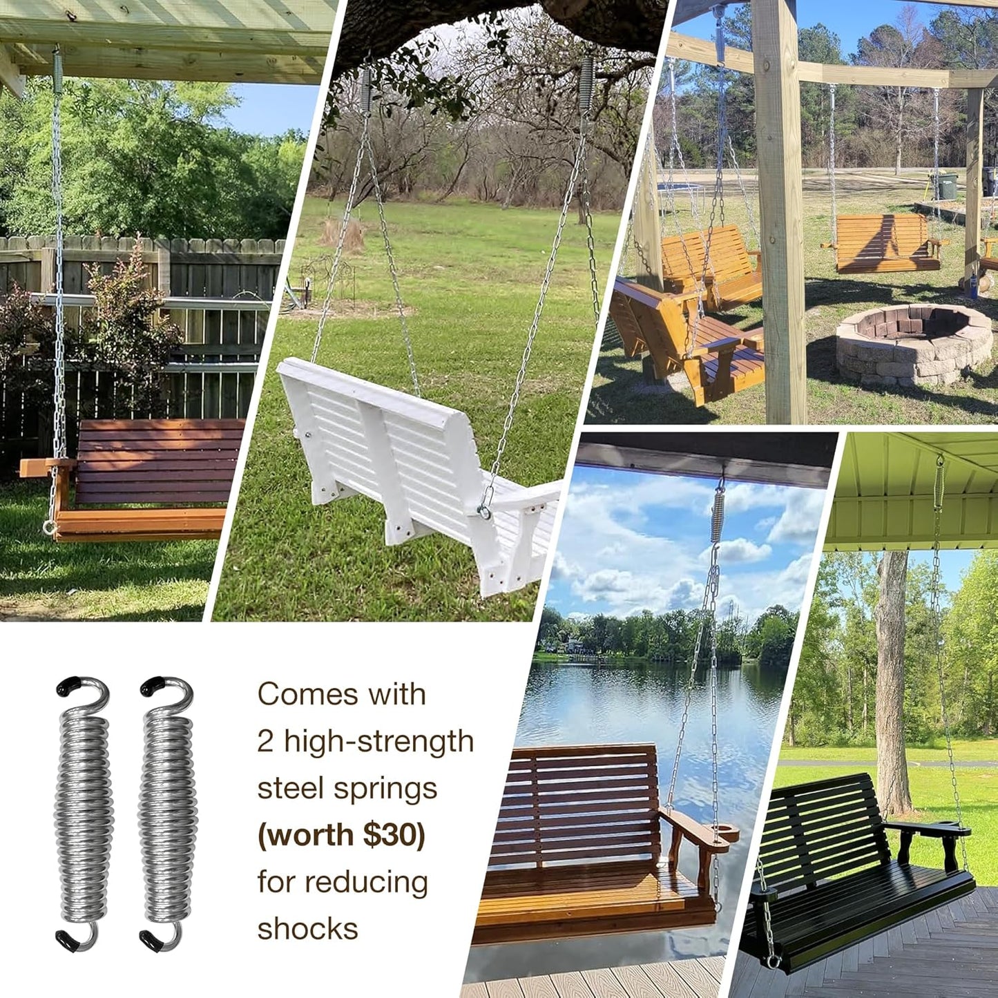 Wooden Porch Swing 2-Seater, Bench Swing with Cupholders, Hanging Chains and 7mm Springs, Heavy Duty 800 LBS, for Outdoor Patio Garden (Warm Teak Color, 5 FT Extra Large)