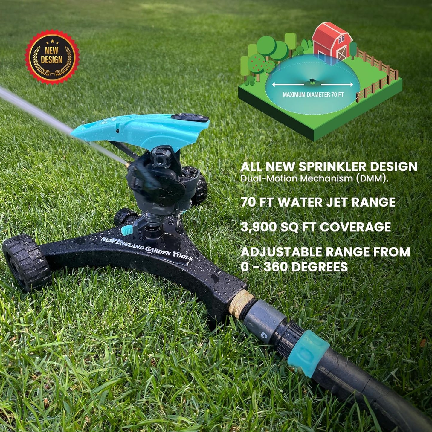 Lawn Pulsating Impact Sprinkler 300011 with a Gear Drive on Metal Base, Adjustable to 360 Degrees by New England Garden Tools