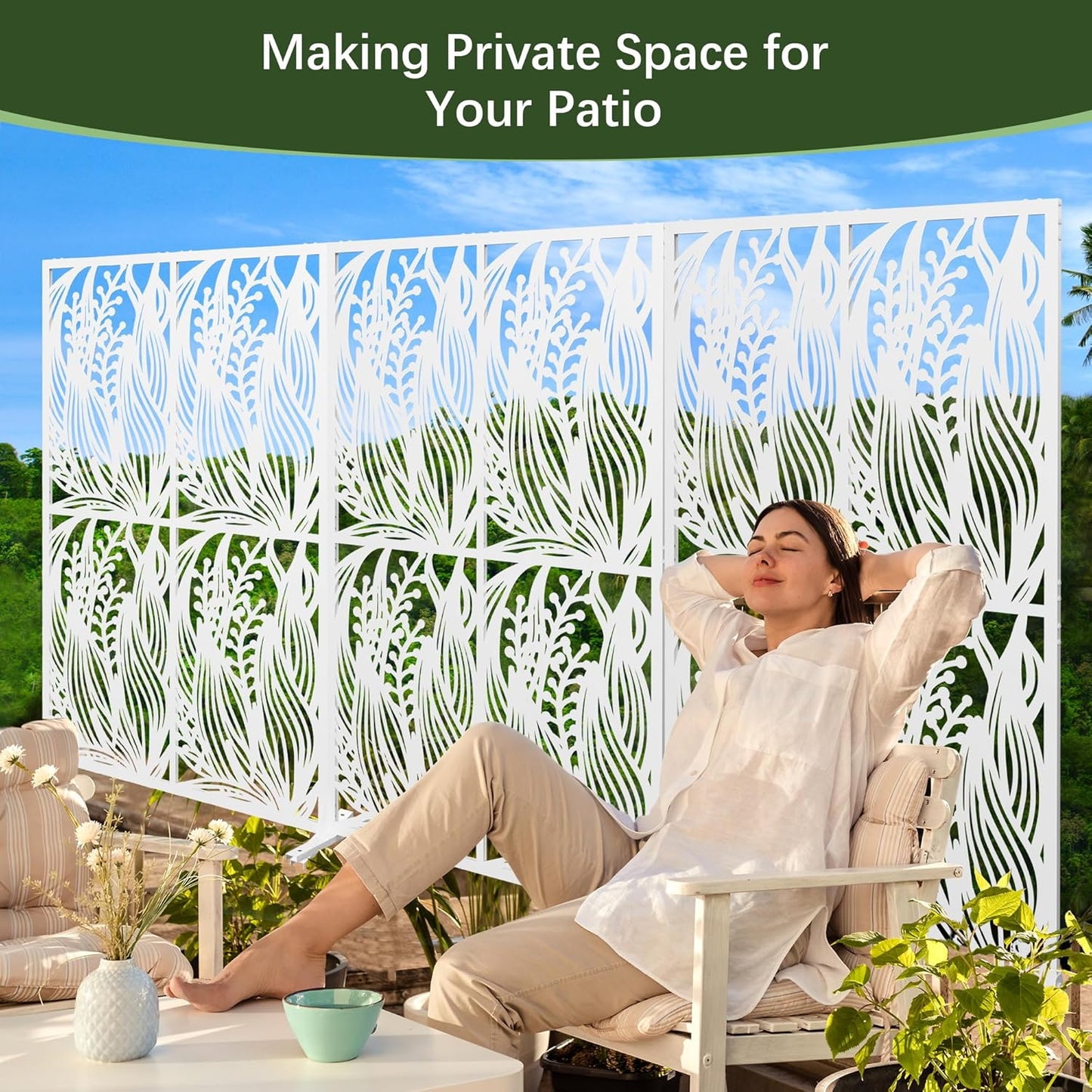 Metal Privacy Screen W3.8Ft x H 6Ft Outdoor Patio Privacy Panels Free Standing Divider Decorative for Balcony Garden Room Lawn Deck (1, White Leaf)