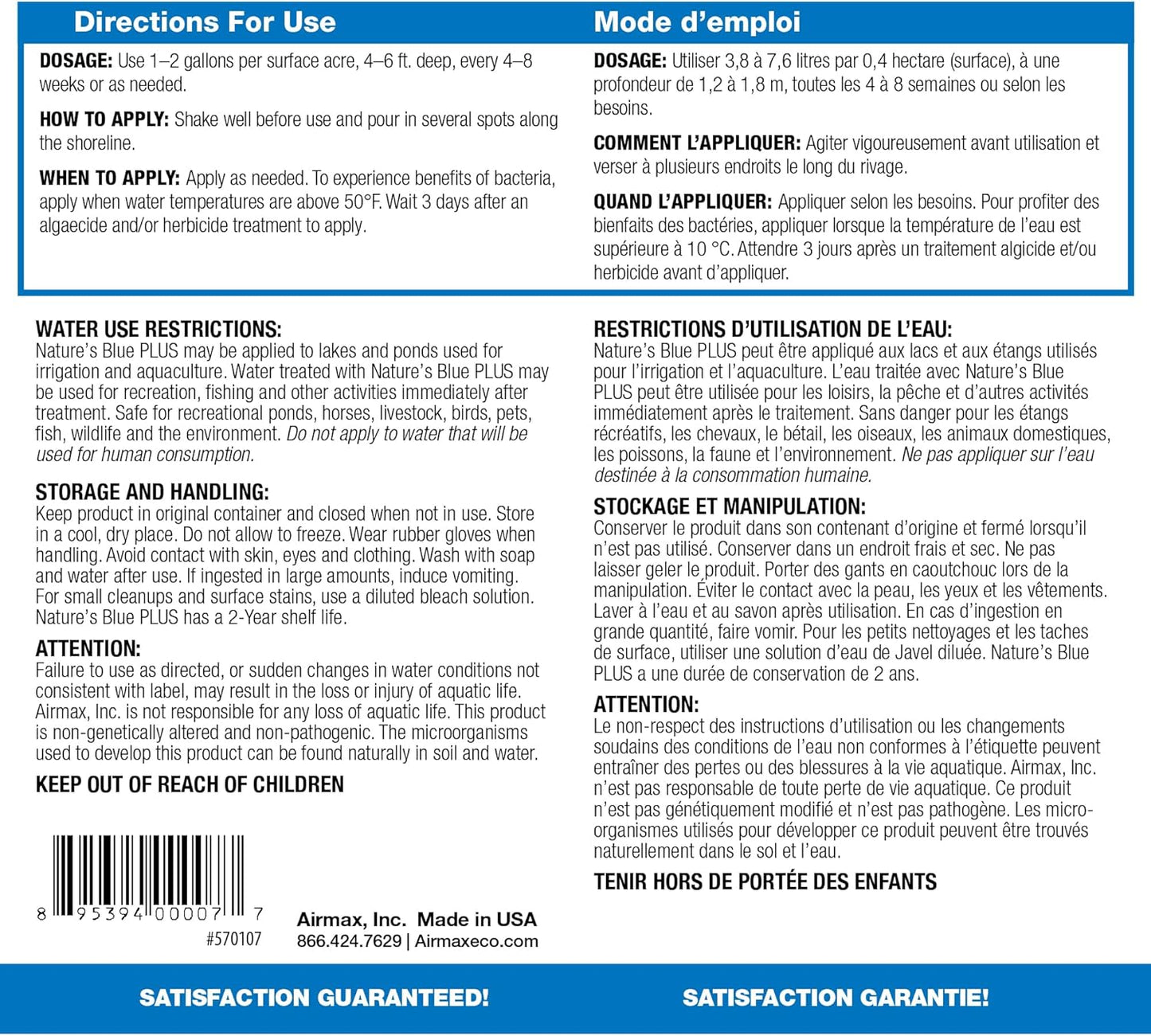 Airmax Pond Dye Plus, Nature's Blue Colorant & Natural Beneficial Bacteria, Large Pond & Lake Water Clarifier & Color Treatment, Shade Plants & Algae from Sunlight, Fish & Livestock Safe, 1 Gallon