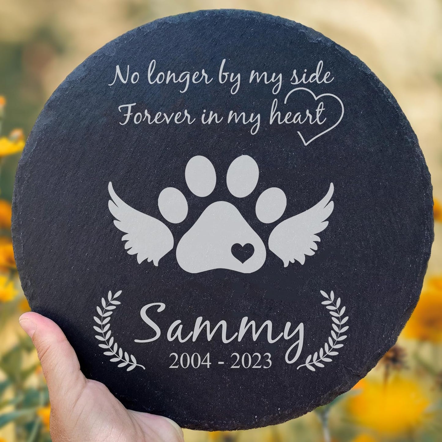 Personalized Pet Memorial Stone for Dogs and Cats | Custom Laser-Etched Weatherproof Garden Grave Marker | Natural Stone Bereavement Headstone Sympathy Gift | 4, 6, 10, or 12 Inch Heart or Circle Shape (A3)