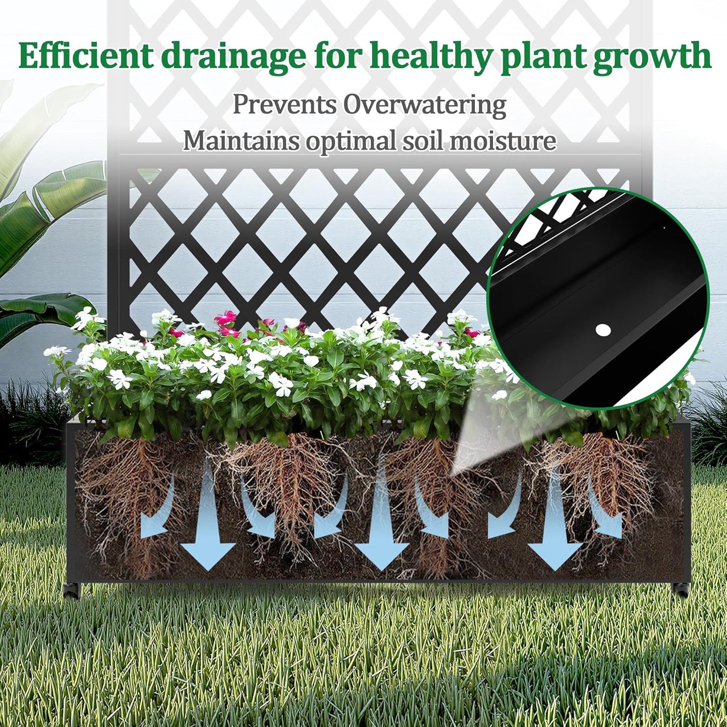 Metal Raised Garden Bed with Trellis and Wheels, 2 in 1 Trellis with Planter Box & Privacy Screen for Climbing Plants, Outdoor Standing Flower Beds with Drainage Holes, 47.2''L×15.7''W×70.9''H, Black