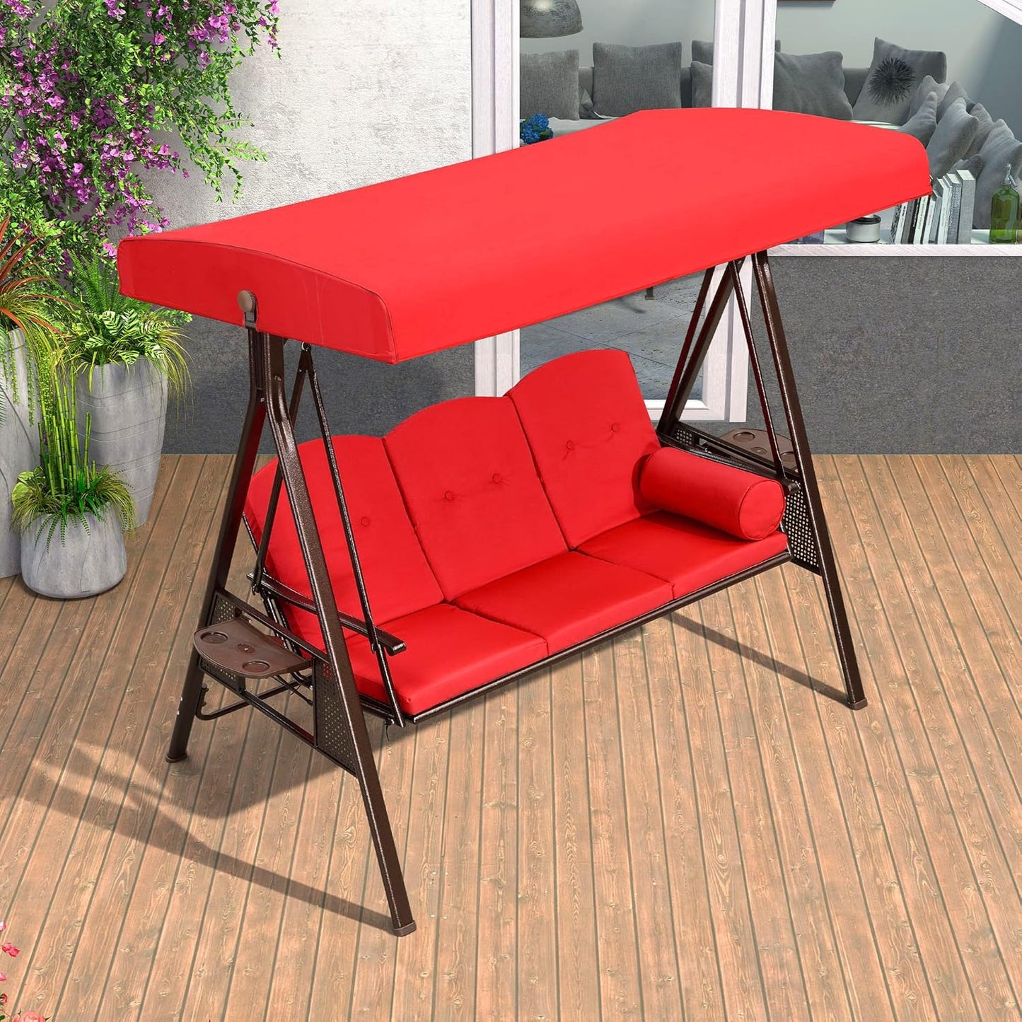 PURPLE LEAF 3-Seat Deluxe Outdoor Patio Porch Swing with Weather Resistant Steel Frame, Adjustable Tilt Canopy, Cushions and Pillow Included, Terra