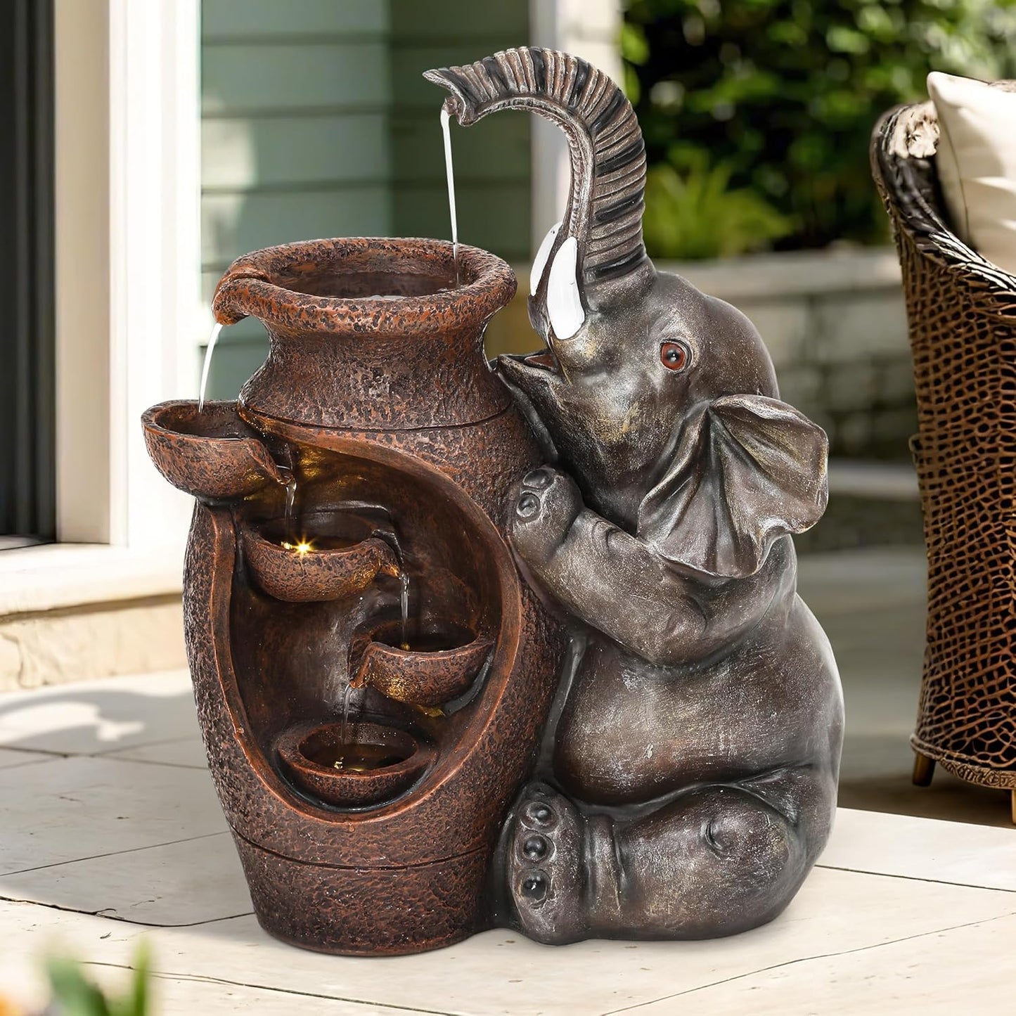 Elephant Outdoor Water Fountain with LED Lights and Pump, 18.9" Tall Resin Garden Waterfall Feature for Patio, Porch, Yard