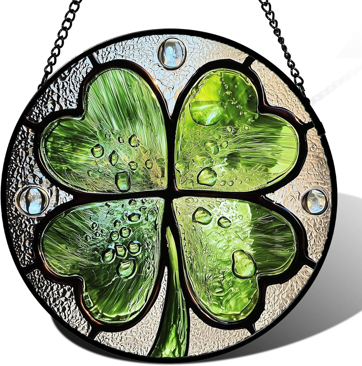 Stained Glass Window Hanging, Green Silver 4 Leaf Clover Sun Catcher for Window Door Home Decor Plant Suncatcher Christmas Mother's Day Birthday Gifts for Women Men Mom Nana 6.3 in