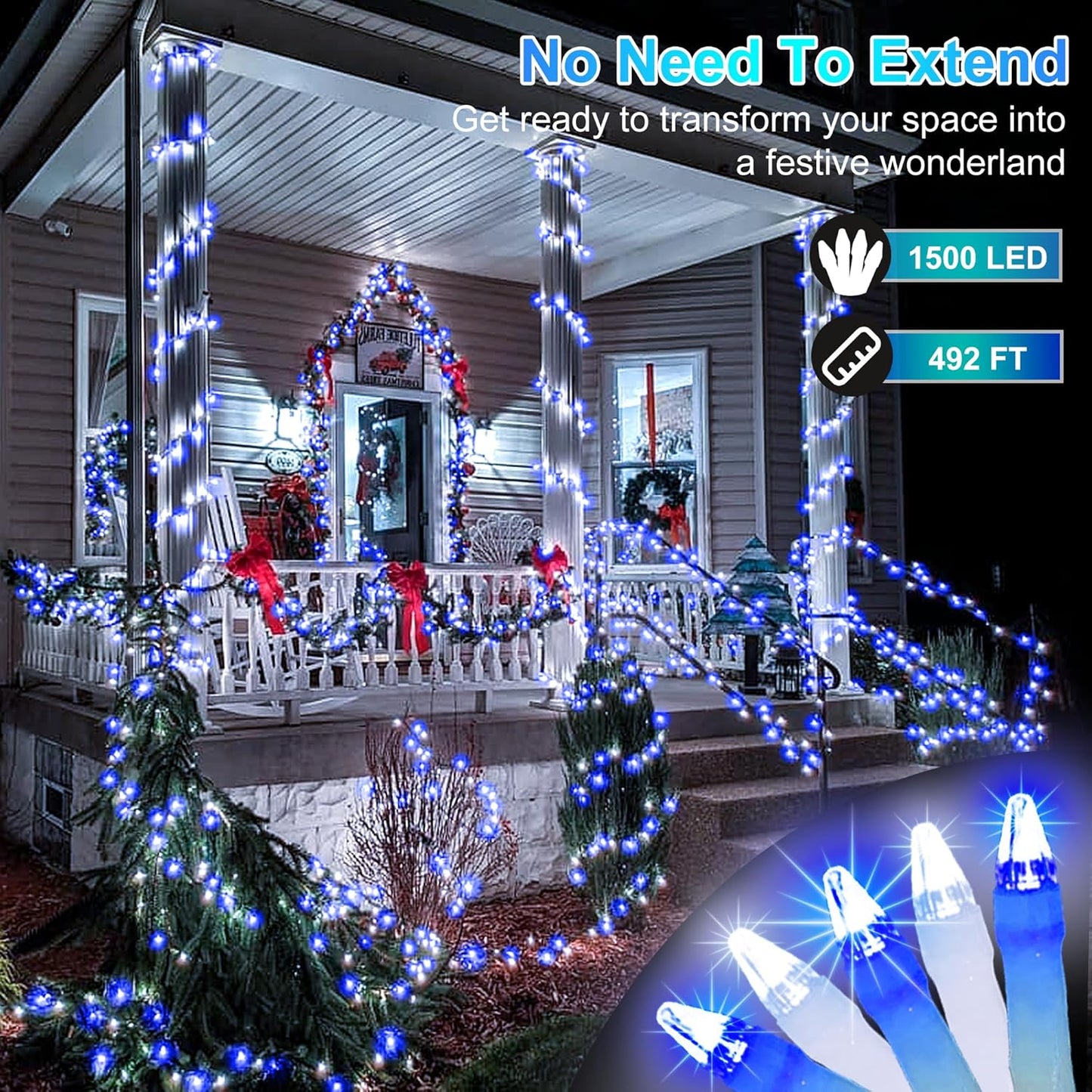 1500 LED Christmas Lights Outdoor Use, 492ft 8 Lighting Modes Fairy Lights for Outside, Christmas Tree Lights Outdoor IP44 Waterproof for Xmas Patio Fence Deck Balcony Garden Decor Blue & Cool White