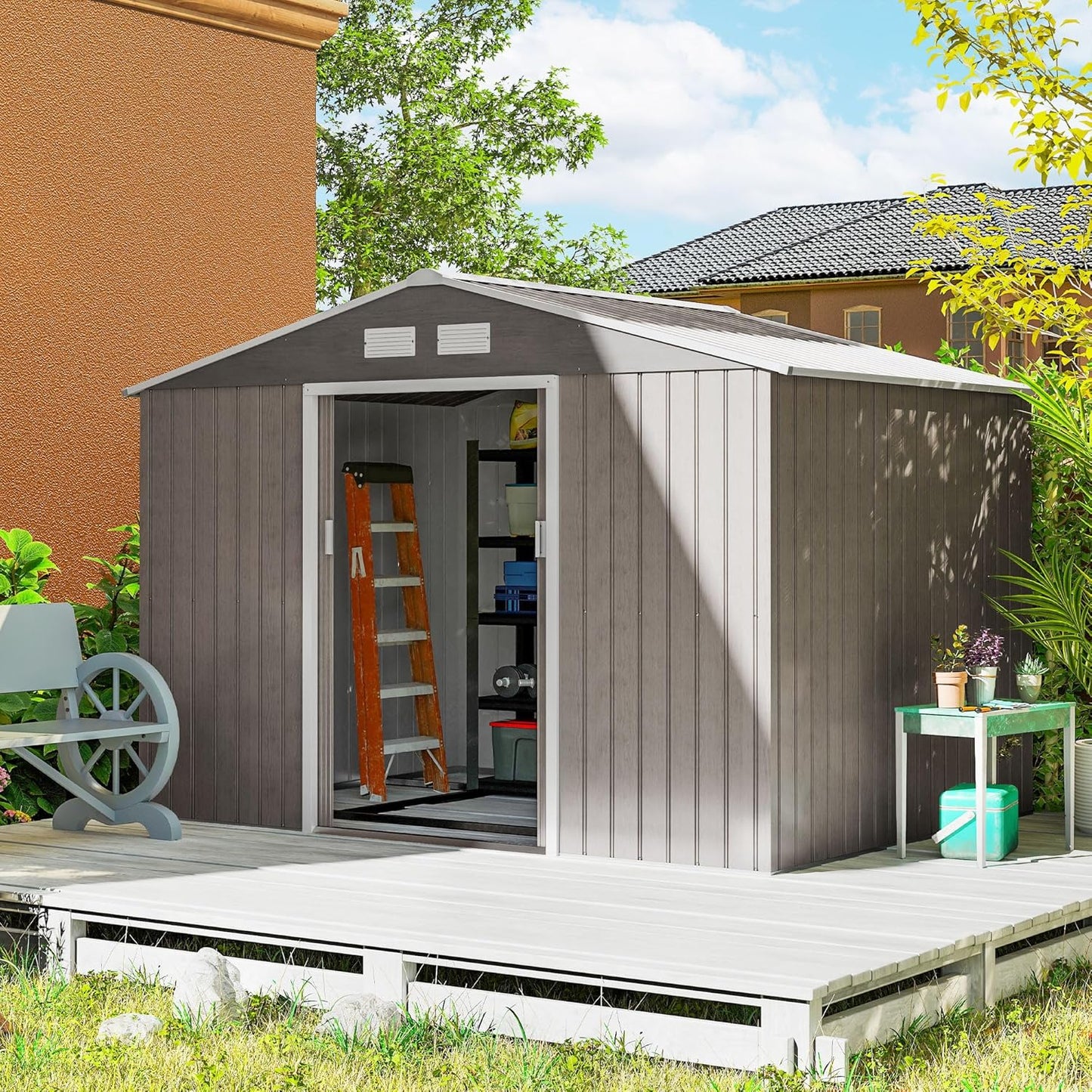 Outsunny 9' x 6' Outdoor Storage Shed, Garden Tool Metal Shed with Foundation Kit, Double Lockable Door, Air Vents and Sloping Roof, for Backyard, Patio, Lawn, Light Brown