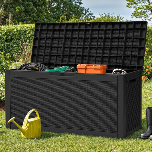 YITAHOME 60 Gallon Resin Deck Box, Weather Resistant Outdoor Rattan Storage Box, Lockable Indoor Outdoor Storage for Supplies and Essentials, Black