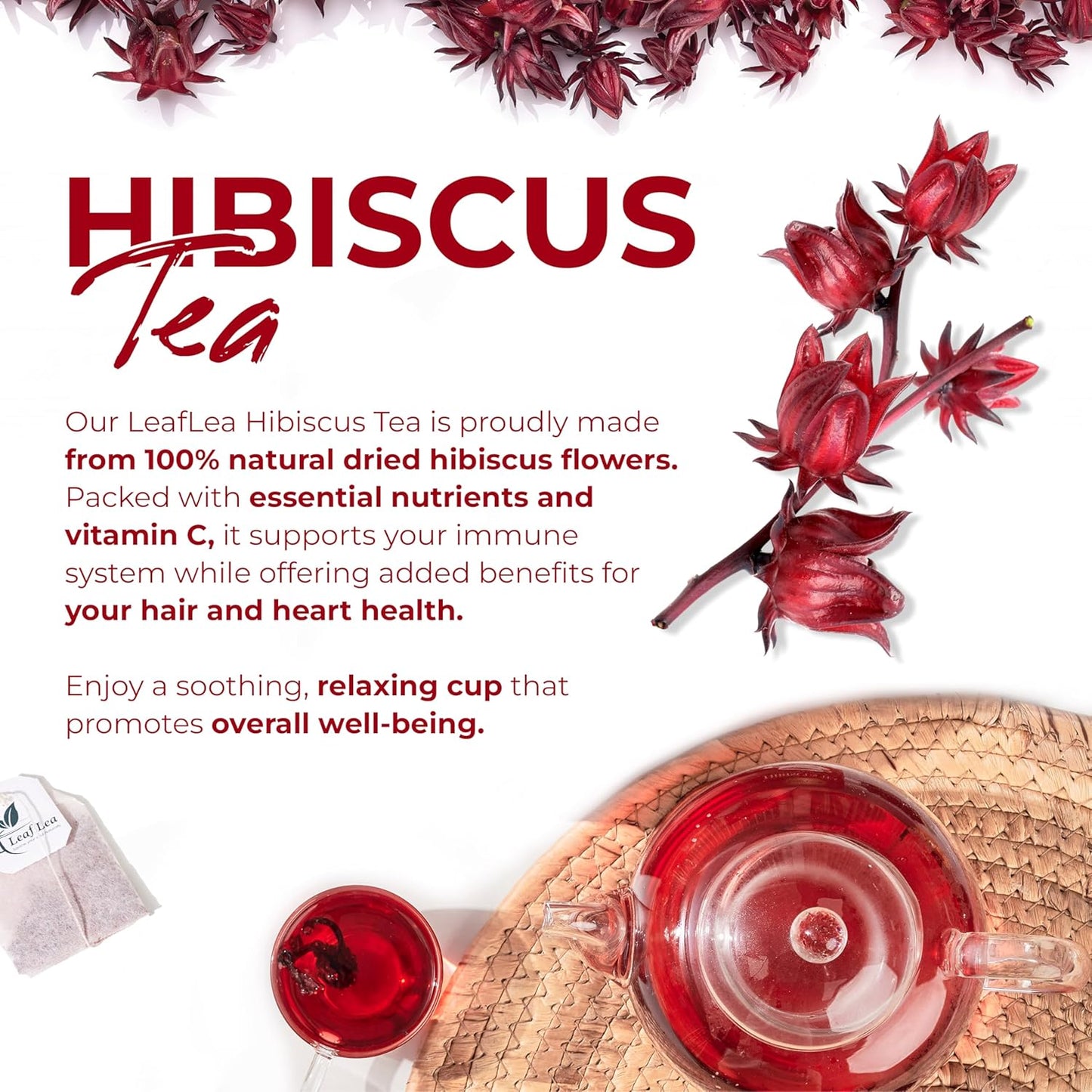 LeafLea 120 Hibiscus Tea Bags, 100% Pure Natural Hibiscus Flowers Herbal Tea, Natural Red Hibiscus Flower Tea, Te de Hibisco, Caffeine-Free, No Sugar, Vegan, Non-GMO, Rich in Flavor & Color, Pack of 3