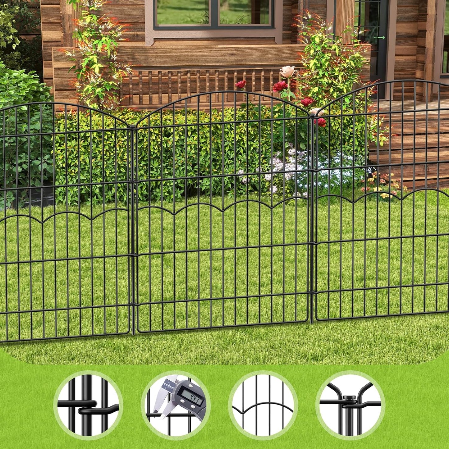 Decorative Garden Fence 6 Panels 14.8 ft (L)×38in (H) Metal Garden Fences, No Dig Animal Barrier Fencing Rustproof Wire Temporary Dog Fence Outdoor for Patio Backyard Lawn - Without Door
